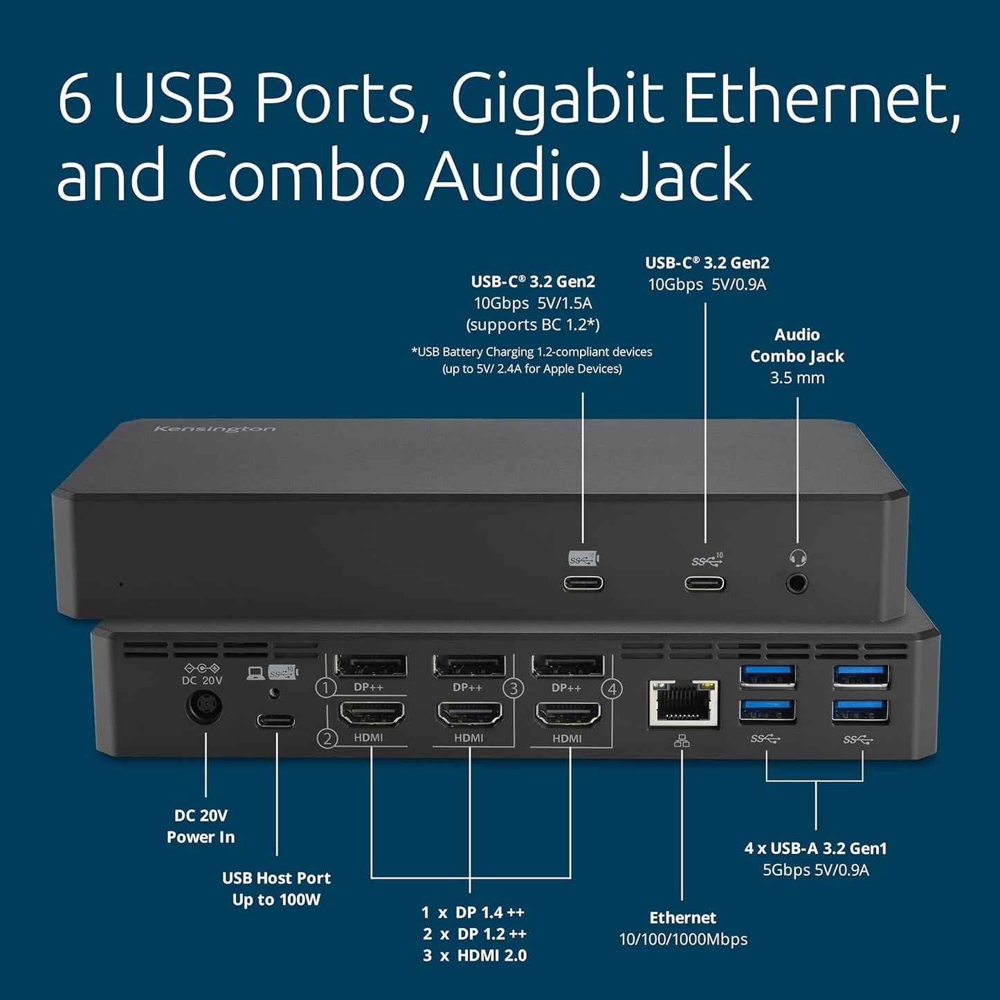 Kensington SD4790P USB-C Quad 4K Displaylink Docking Station, 100W Charging, 3 x DisplayPort, 3 x HDMI, for Windows/macOS/ChromeOS (K33610NA)