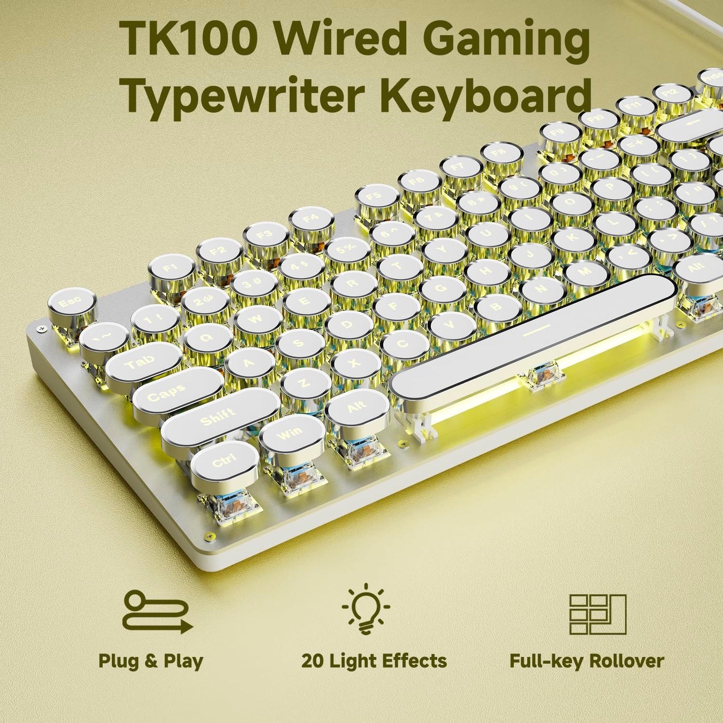 EWEADN TK100 Typewriter Style Wired Mechanical Keyboard, 104 Keys Aesthetic Typewriter Keyboard with Yellow Backlit, Anti-Ghosting, Blue Switch Cool Keyboards-White