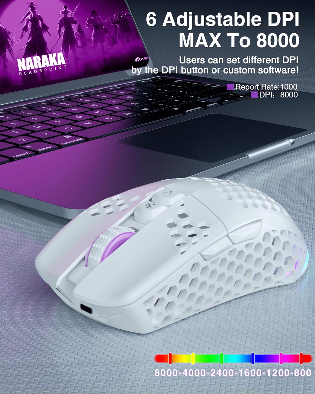 SM600 White Wireless Gaming Mouse,8000 DPI Tri-Modes BT5.1/Type-C Wired/2.4G Wireless Mouse with 2 Side Buttons, Programmable Macro Gamer Mouse with RGB Light for Laptop/PC/Mac