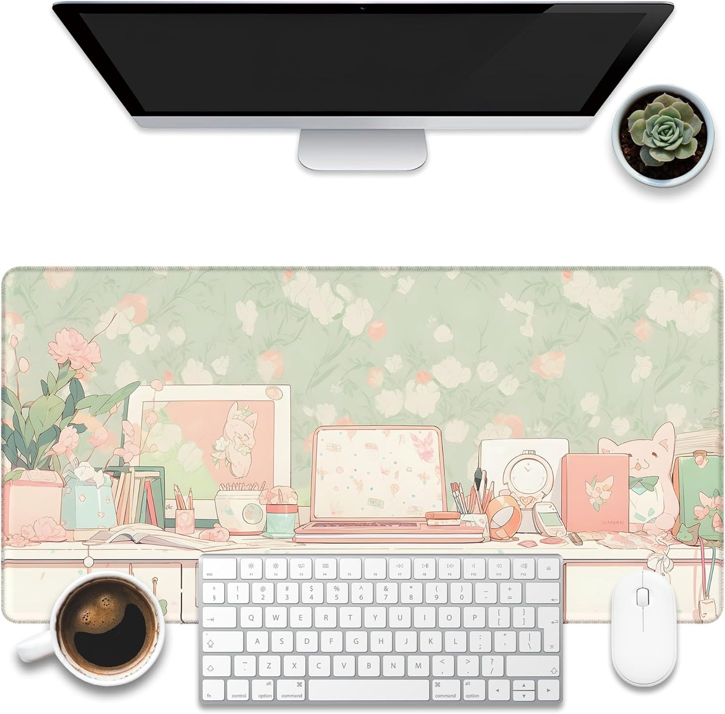Desk Pad, Kawaii Anime Style Desk Mat, Green Cute Desktop Large Gaming Mouse Pad for Desk, 31.5"x15.7" Extended Big Computer Keyboard Mouse Pad with Non-Slip Base and Stitched Edge