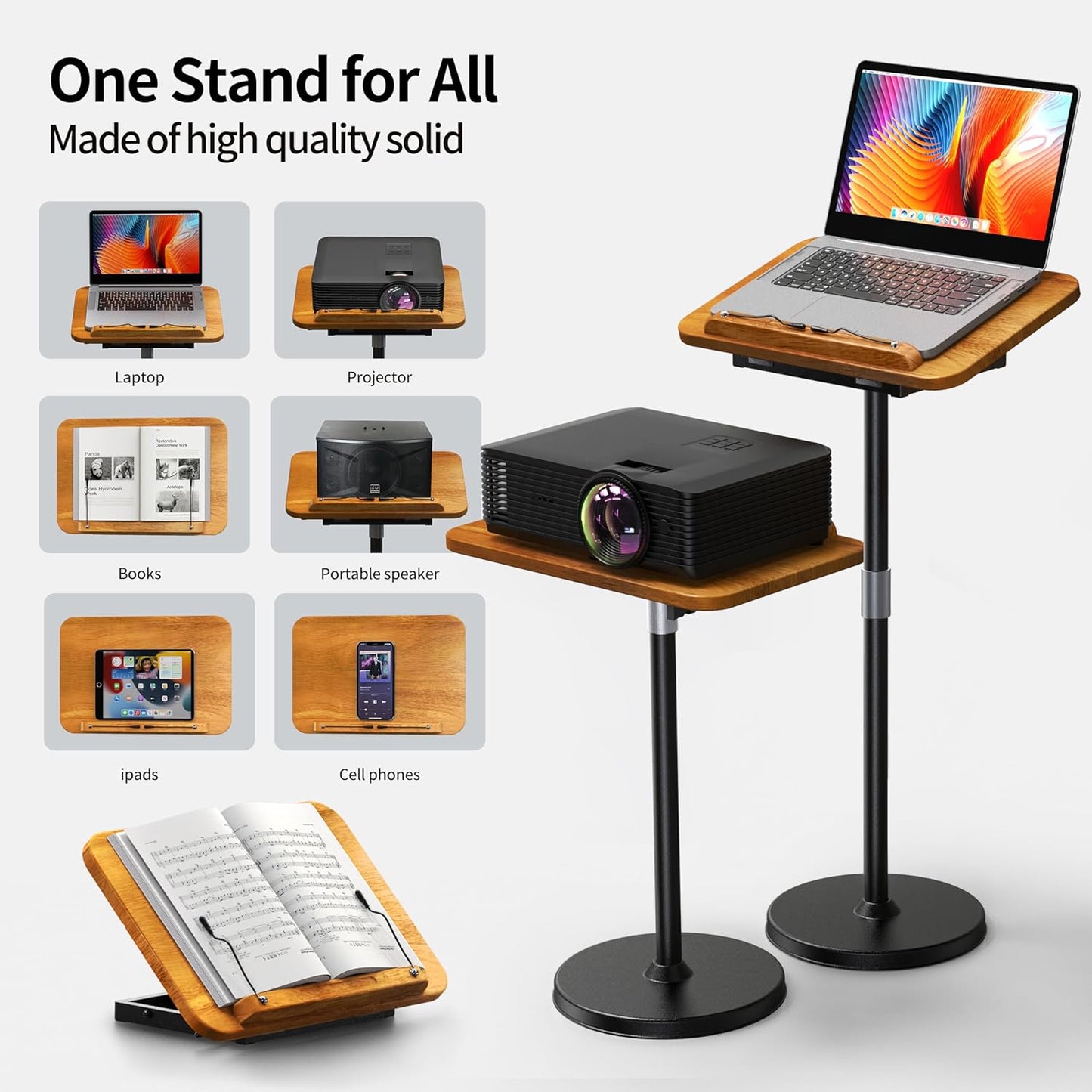 NAMON 2 in 1 Dual-use Music Stand & Desktop Book Stand, 100% Solid Wood, Height Adjustable from 16.5" to 51", Big Panel 16.5" * 11.8" with Page Paper Clip for Sheet Music (Dual Use Without T-Shape)