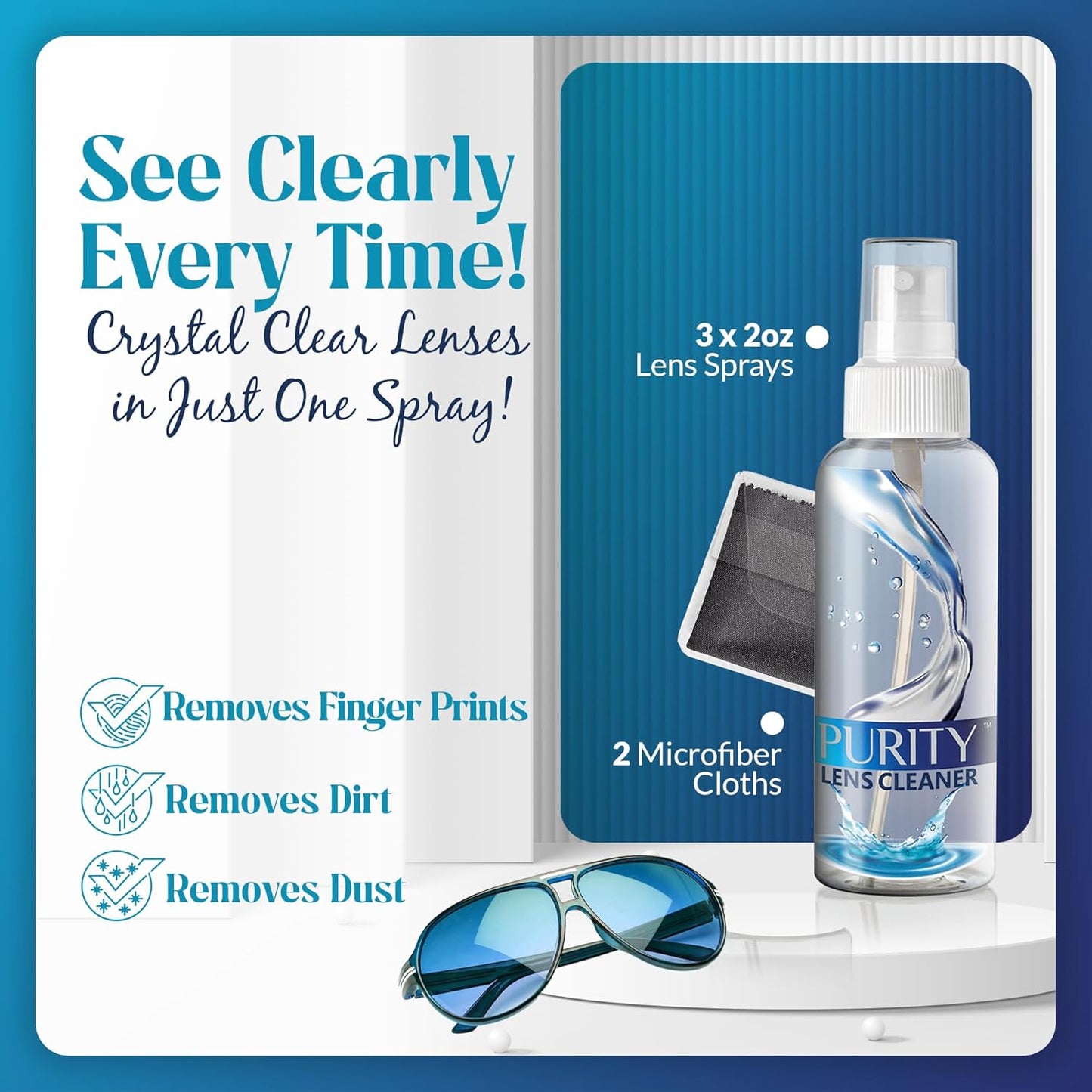 Purity Eyeglass Lens Cleaner Kit - 3 x 2oz Travel Size Lens Cleaner Spray Bottle + 2 Microfiber Cleaning Cloths - Safe for All Lenses (AR Coated Included), Eyeglasses and Screens - Clear