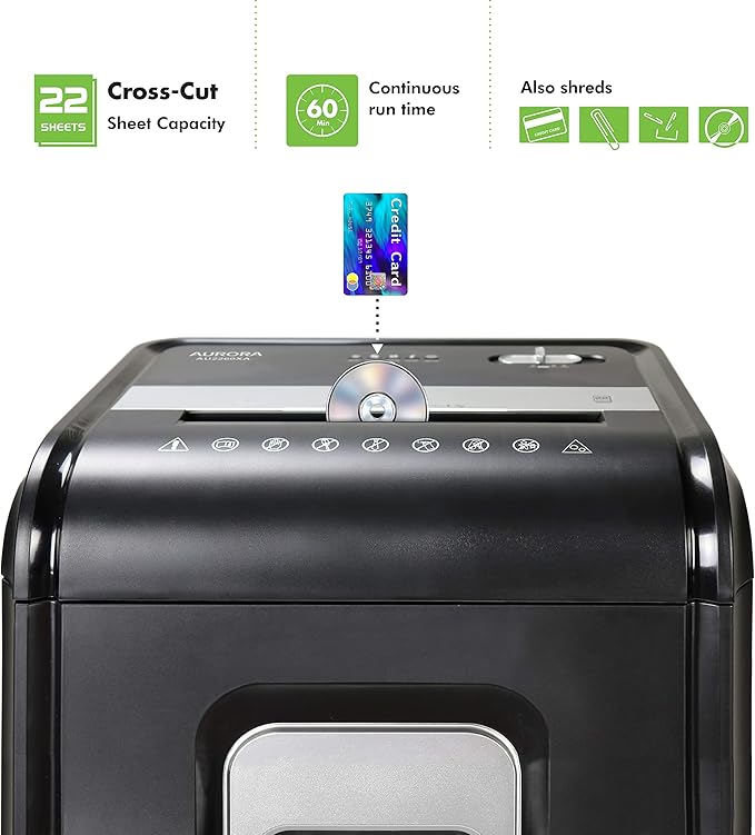 Aurora AU2260XA Heavy Duty Anti-Jam 22-Sheet Crosscut Shredder/60 Min Run Time/ 7-Gallon Pullout Basket and Casters