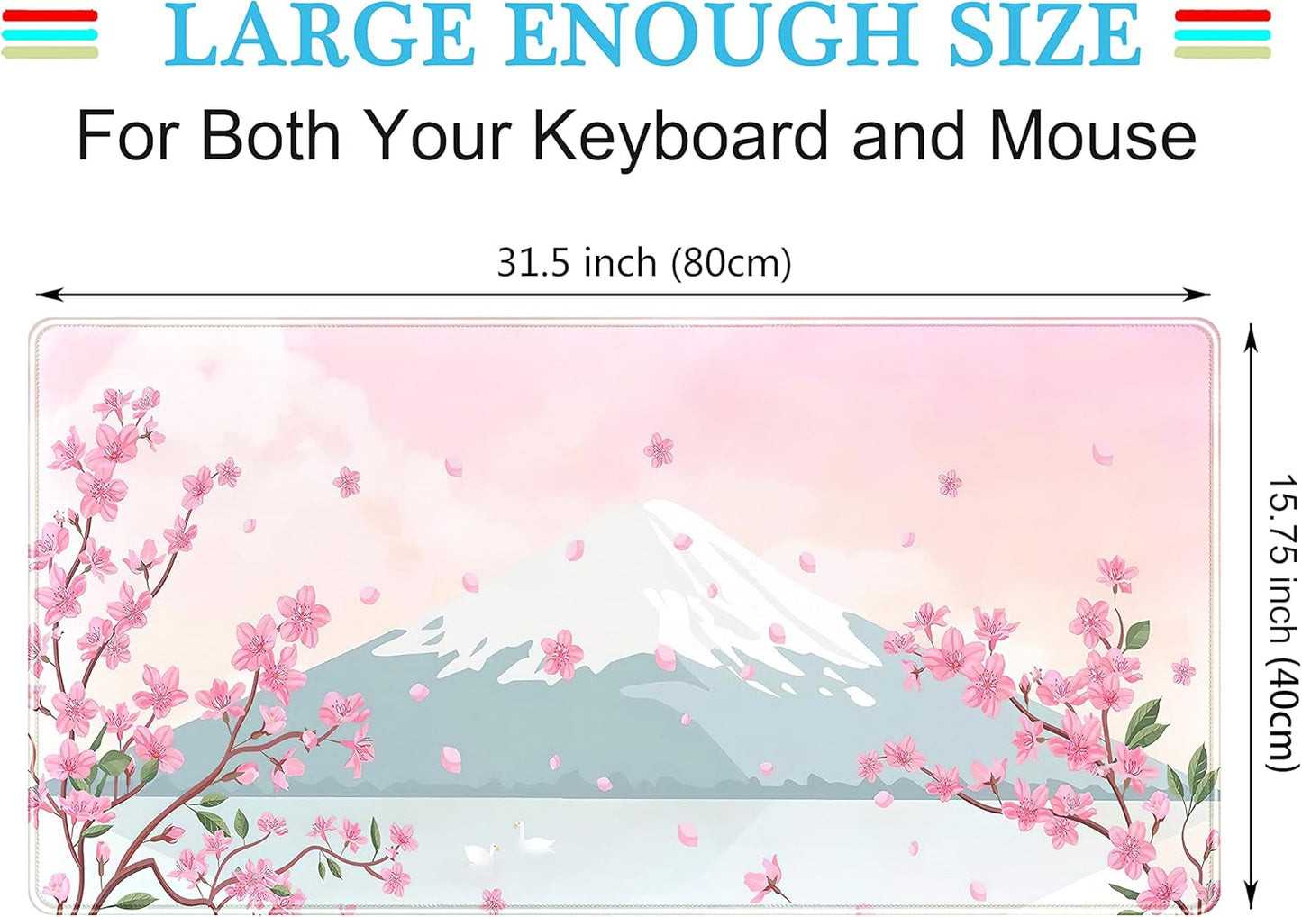 Japanese Desk Mat Pastel Pink Cherry Blossom Mouse Pad Mt Fuji Japan Large Gaming Anime Mousepad XXL 31.5x15.75 in, Kawaii Aesthetic Flower Cute Women Office Decor Computer Laptop Keyboard Mat