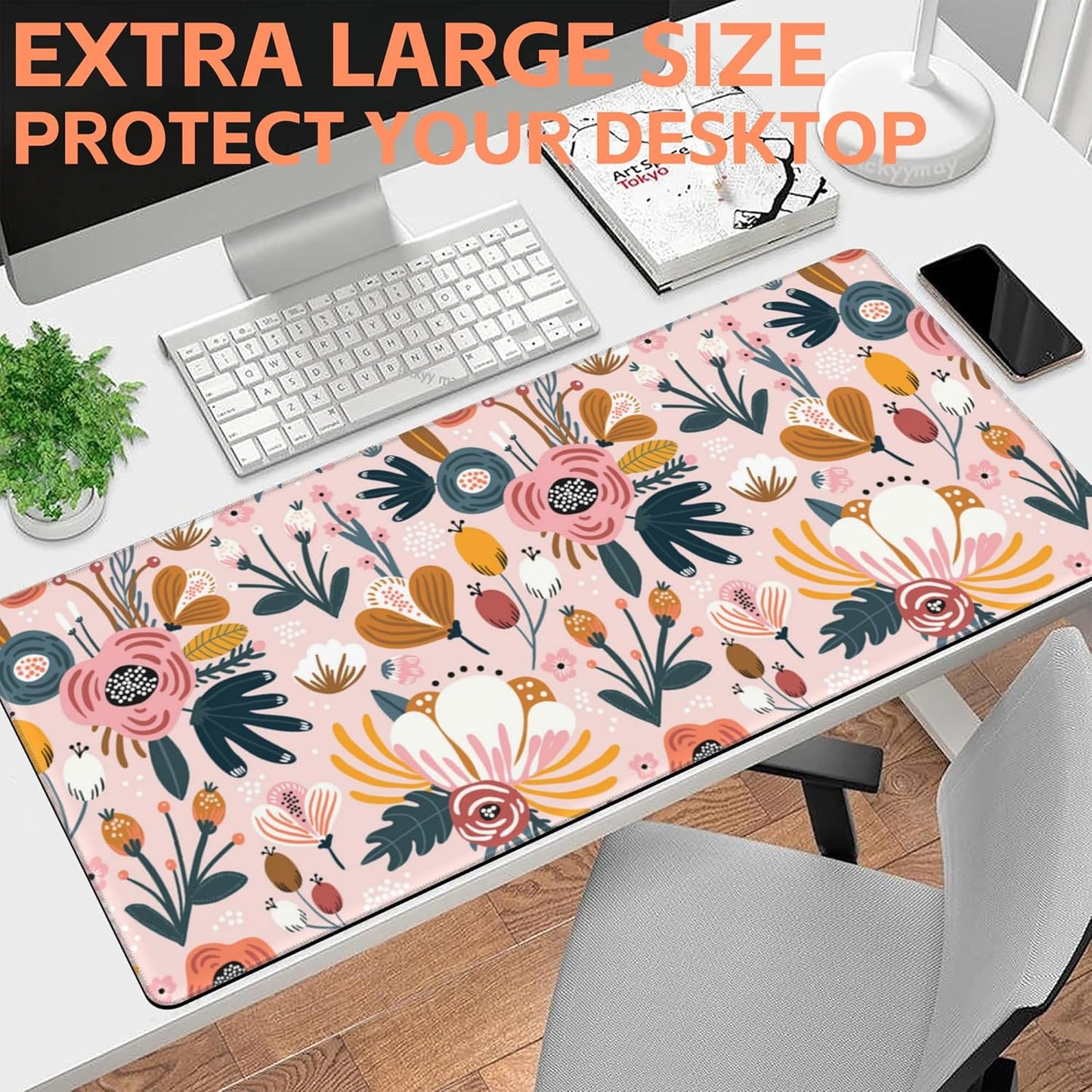Mouse Pad Large Flowers and Leaves Non-Slip Game Desk Mat with Stitched Edge Laptop Keyboard Desk Pad for Work Home Gaming (35.4 x 15.7 Inches)