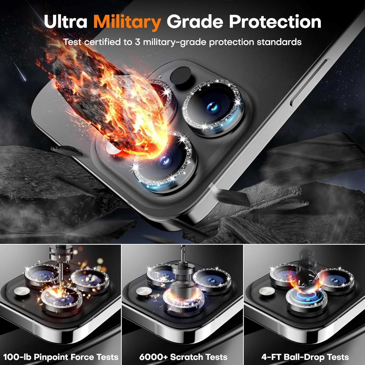 Camera Lens Protector for iPhone 16 Pro Max/16 Pro/15 Pro Max/15 Pro/14 Pro Max/14 Pro, Sapphire Glass Metal Individual Camera Cover Screen, Anti-drop, Case Friendly- Glitter Black Titanium