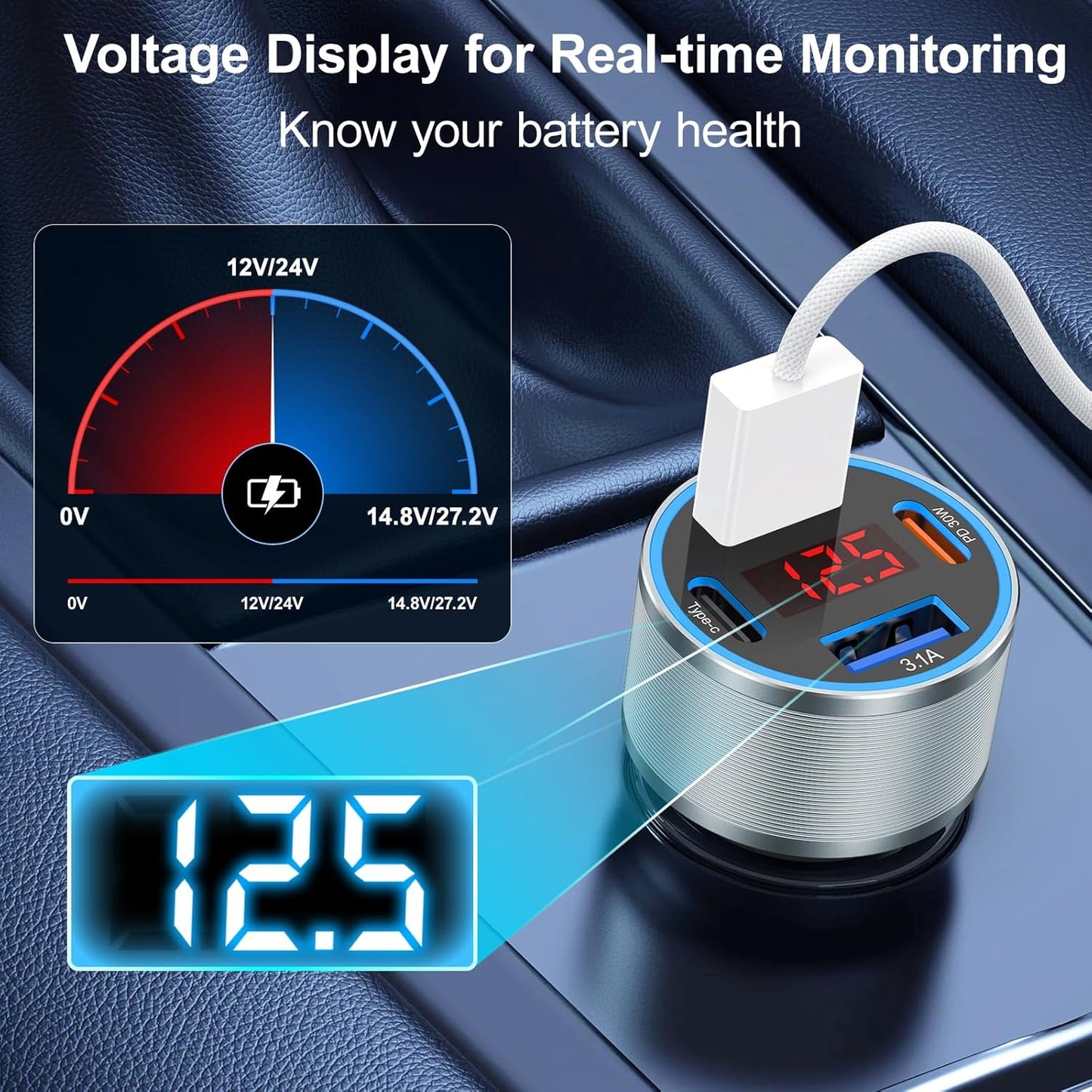 USB C Fast Car Charger, 2Pack 4-Port Fast Charging Car Charger with Voltage Display, Type C Car Chargers for Multiple Devices,USBC Phone Adapter for iPhone 16e 16 15 Pro Max,Galaxy,iPad,Pixel,Android