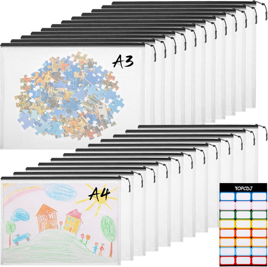 24pcs A4 Mesh Zipper Pouch File Bags, 12pcs Large A3 and 12pcs Letter A4,Black Reusable Zipper Bags for Organizing Storage, Waterproof Puzzle Bag, Board Game Storage and School Office Supplies