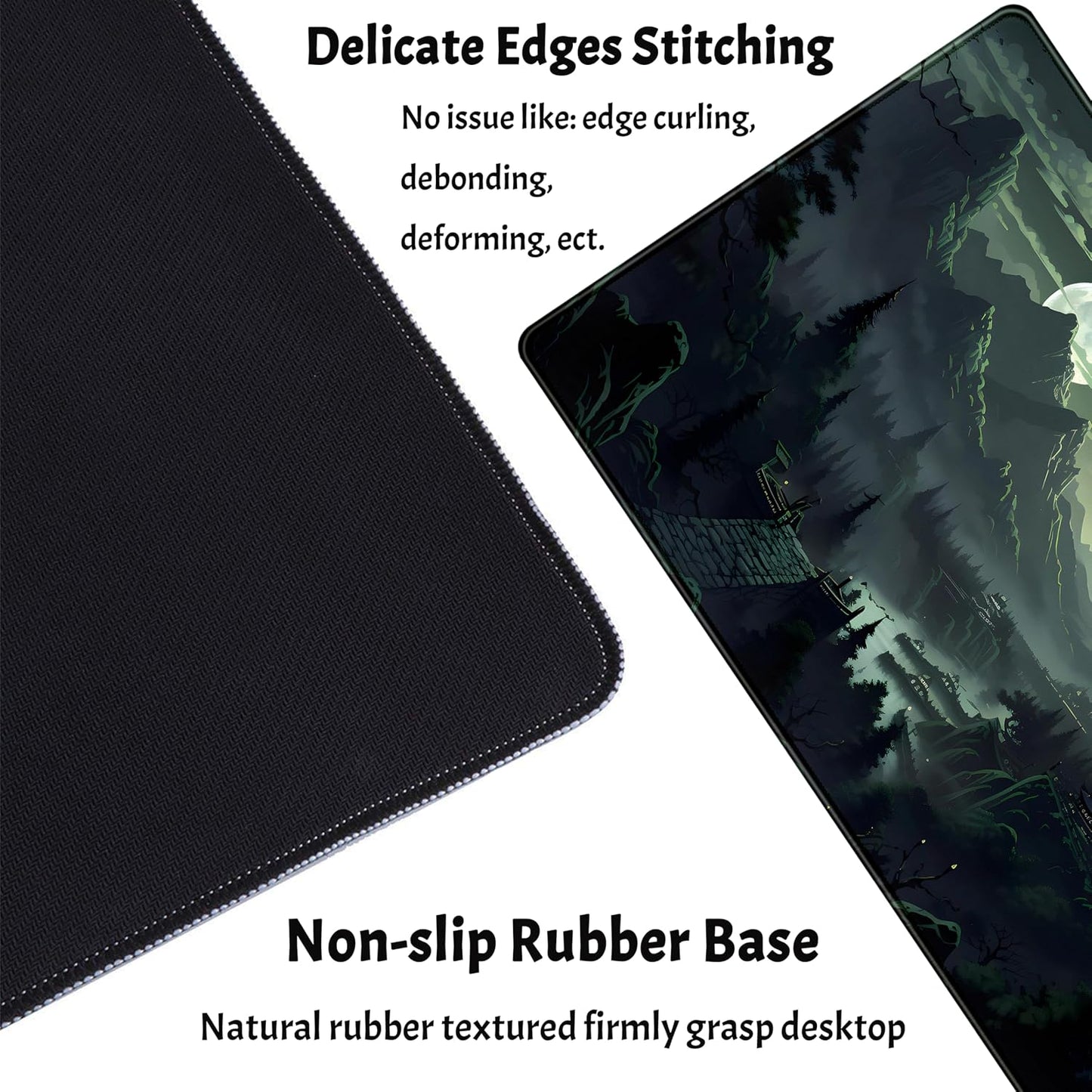 XXL Large Gaming Mouse Pad Anime Green Moon Mountains Desk Mat, Desk Decor Mousepad Computer Mat, Non-Slip Rubber Base Desk Pad, Laptop Keyboard and Mouse Mat with Stitched Edges, 31.5x15.75 in