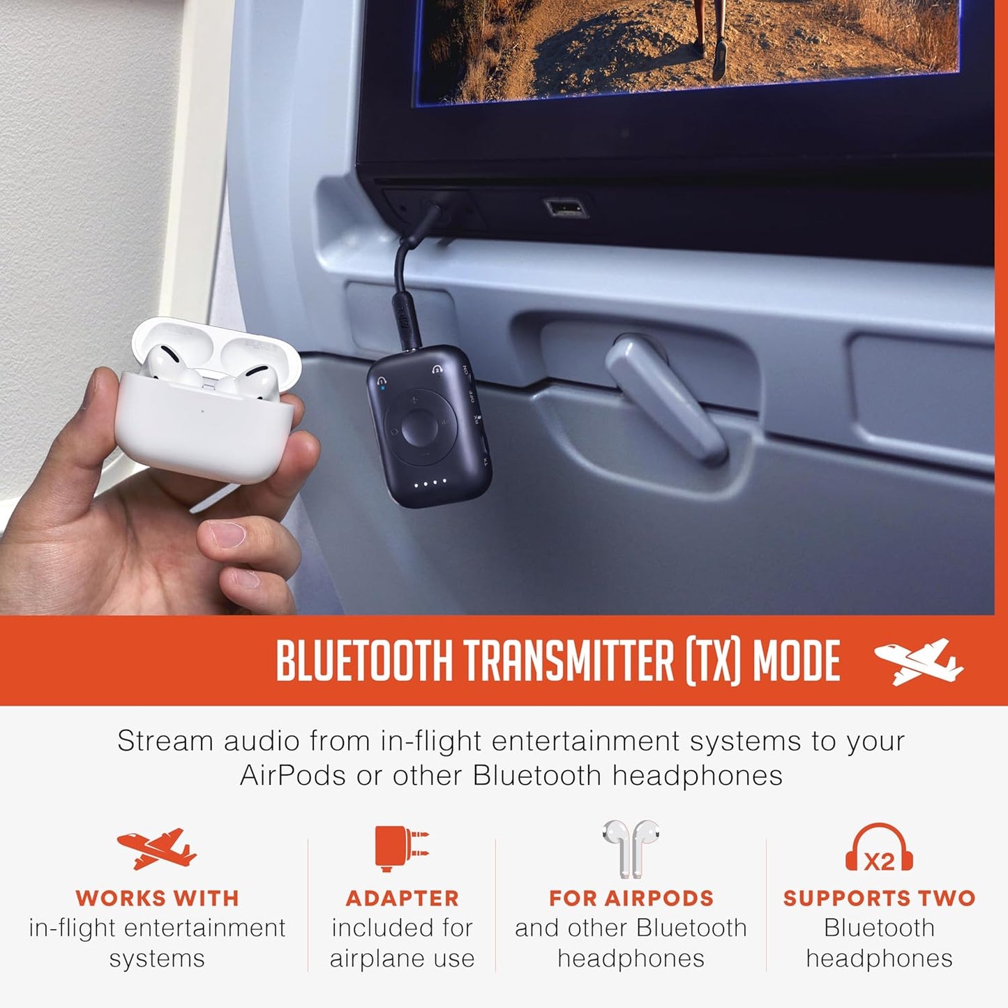 MEE audio Connect Air Pro Bluetooth Wireless Audio Transmitter & Receiver for AirPods or Bluetooth Headphones, 2-in-1 Adapter with Detachable Cable 3.5mm Aux Audio Jack for Airplanes, Auto, Gym, Black