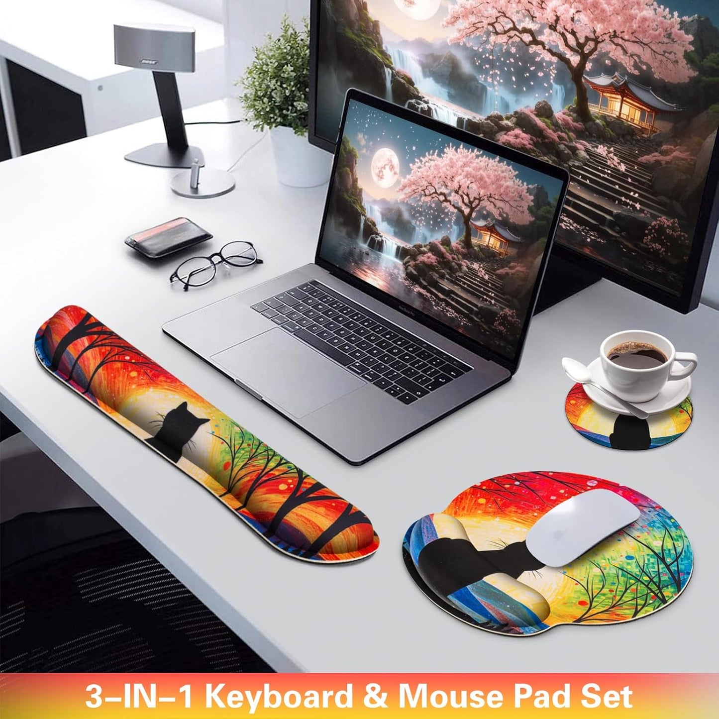 Mouse Pad with Wrist Rest Cute Black Cat Set,Qomolama 3-in-1 Wrist Support Mouse Pad Set,Gaming Mousepad with Anti-Skid Base,Ergonomic Mouse Pad,Memory Foam Keyboard Gel Wrist Rest Anime