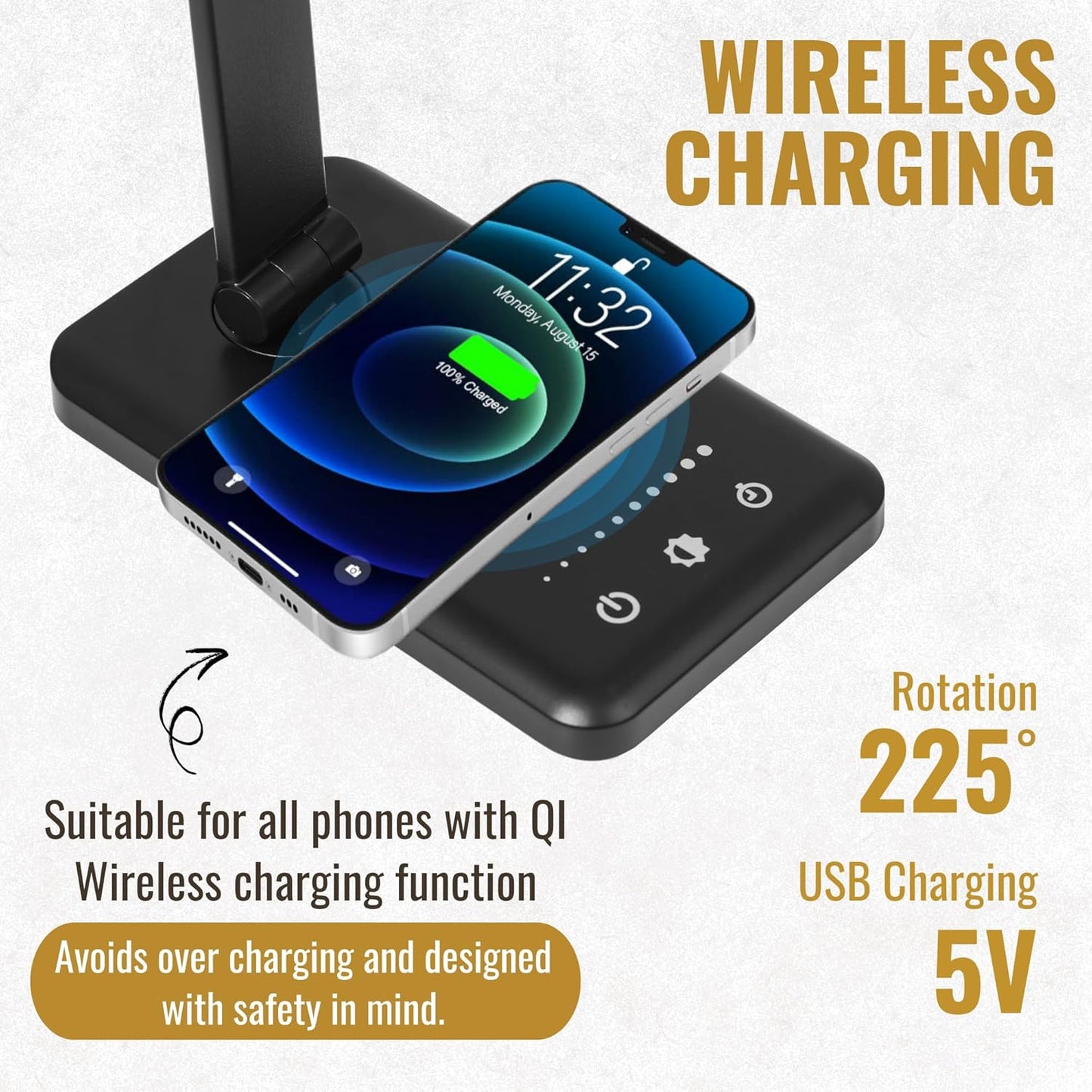 LED Desk Lamp with Wireless Charger – Touch Control Dorm Desk Lamp with USB Charging Station, 3 Color Modes & 5 Brightness Levels, Ideal for Home, Office, Bedroom, Study Area, & College Dorm, Black