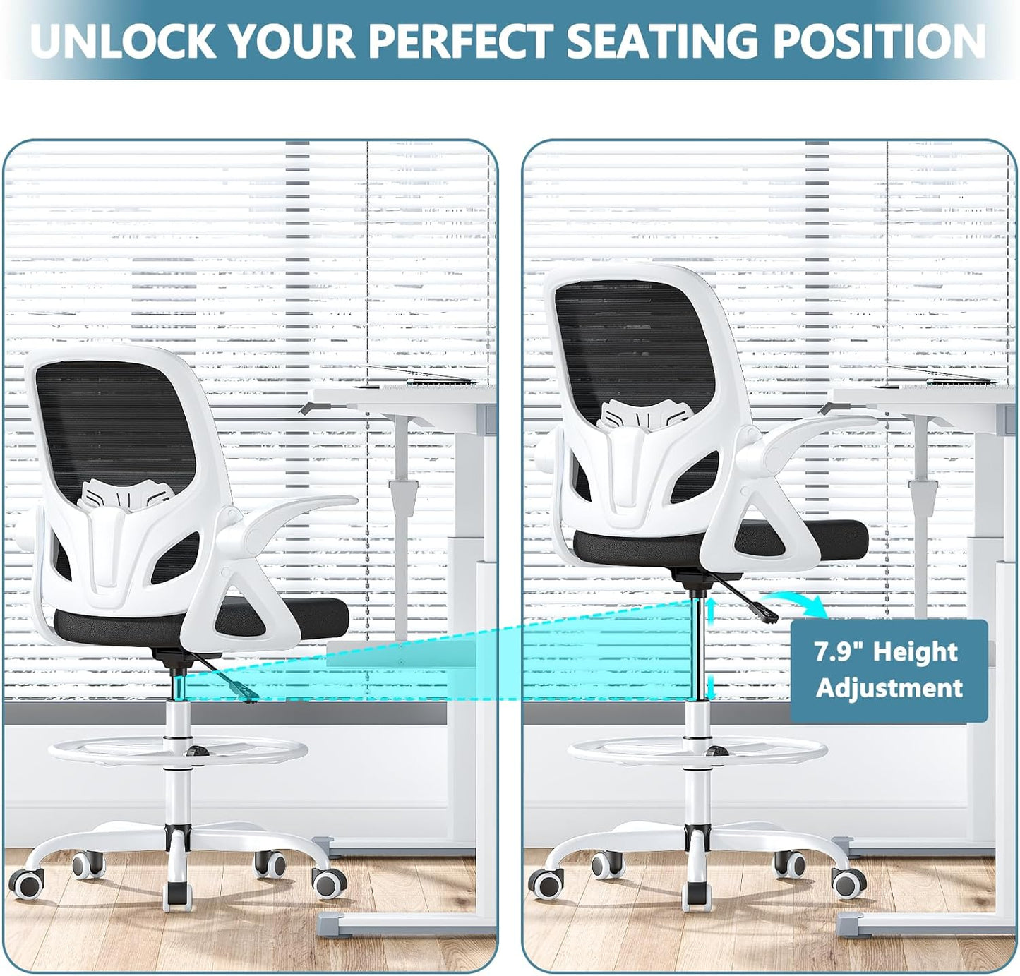 Tall Drafting Chair with Footrest Ring for Home and Work, Ergonomic Home Desk Office Chair with Flip up Arms and Lumbar Support, Extended Height Executive Desk Office Chair(White)