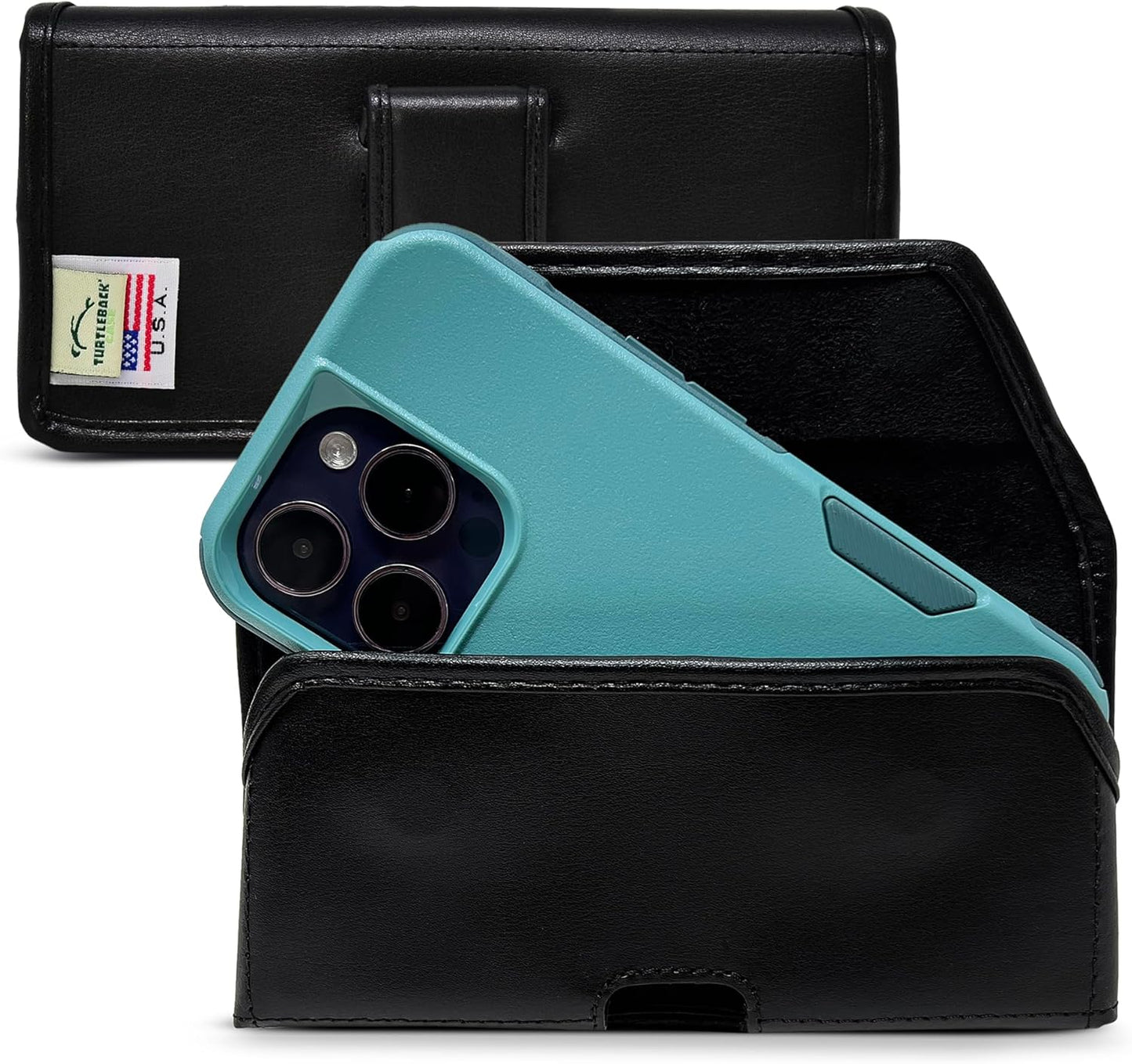 Turtleback Belt Holder for iPhone 16 Pro, 16e, 15 pro 14 Pro 13 Pro -Medium- Fits w/Shockproof Commuter Style Cases, Premium Black Leather Horizontal Case, Magnetic Closure, Leather Wrapped Clip