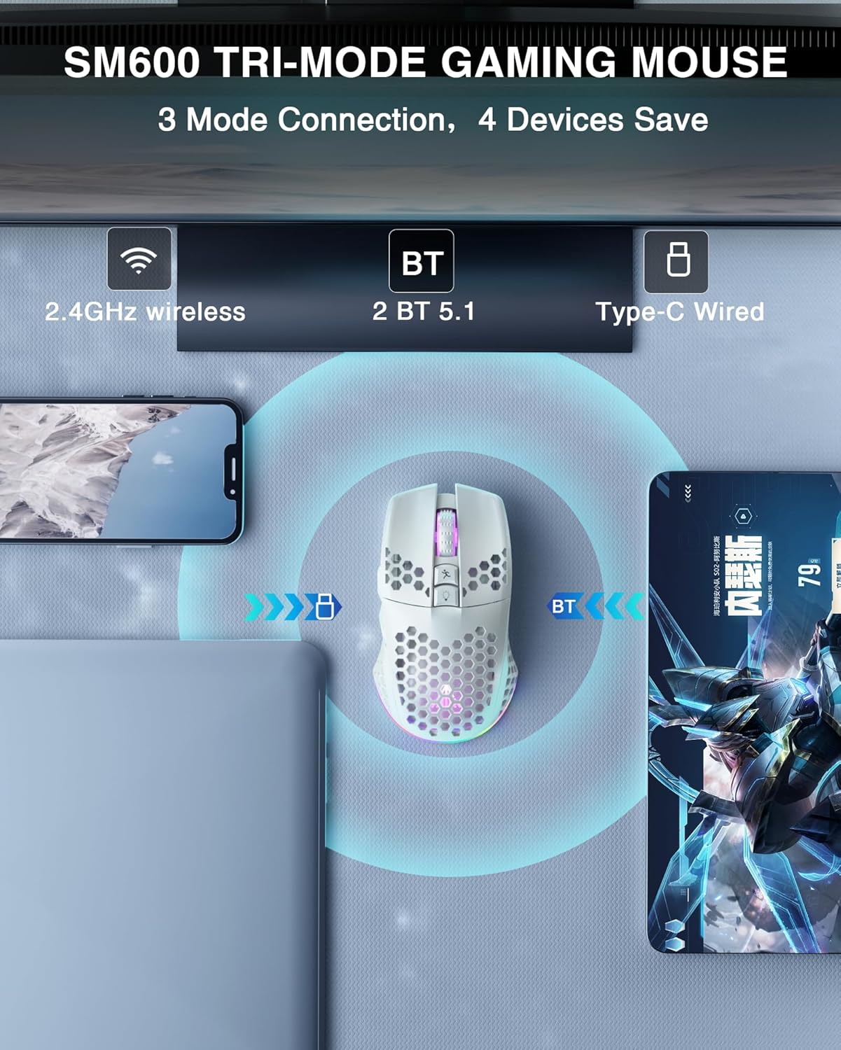 SM600 White Wireless Gaming Mouse,8000 DPI Tri-Modes BT5.1/Type-C Wired/2.4G Wireless Mouse with 2 Side Buttons, Programmable Macro Gamer Mouse with RGB Light for Laptop/PC/Mac