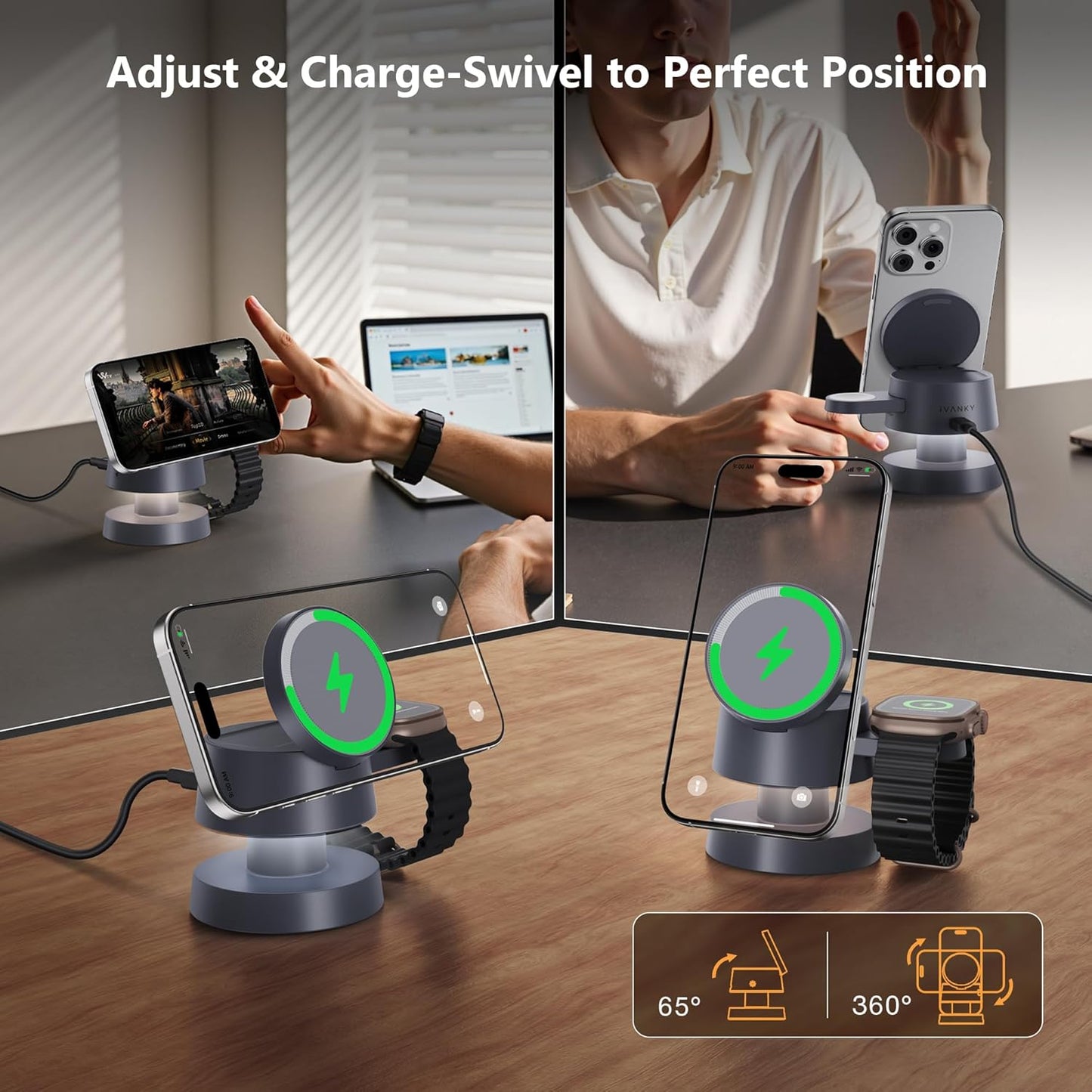 iVANKY 4 in 1 Wireless Charging Station with Mushroom Light for MagSafe Magnetic Charger, Travel Stand 3 in 1 Charge for iPhone 17-11 Pro Max Plus Air, Apple iWatch, Airpods（Includes 33W Adapter） ﻿ ﻿