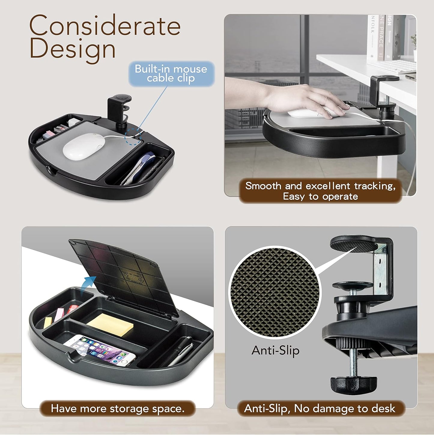 EHO Clamp-On Desk Organizer, Multifunctional with Pencil Drawer, Mouse Pad Storage, Swivel, Spill-Proof, Under Desk Storage, Easy Installation, Reduces Clutter, TAA-Compliant