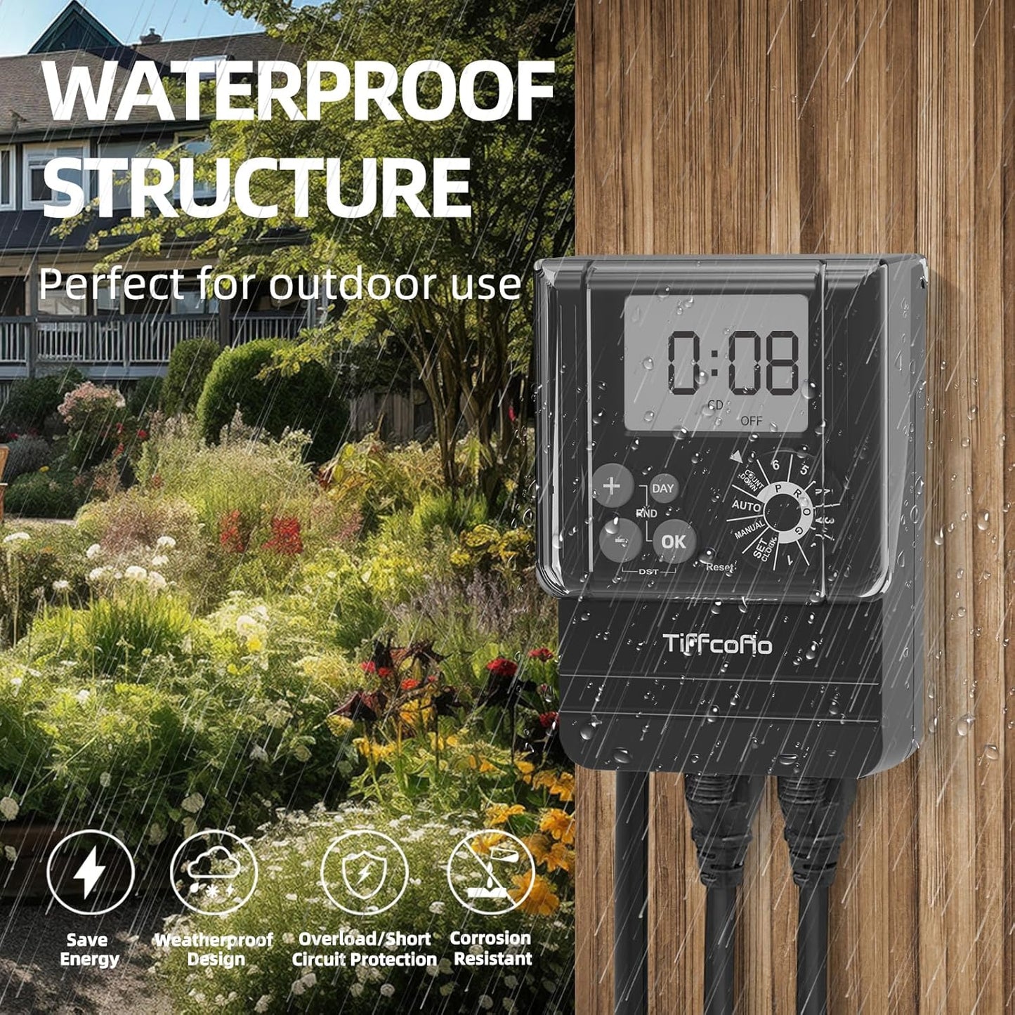 TiFFCOFiO New Digital Outdoor Timer Waterproof, Dial Programmable Method, Outdoor Light Timer with 2FT Extension Cord, 2 Grounded Electrical Outlets for Lights, 6 Sets of Programs, 20A/2500W