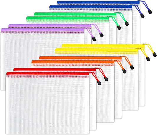 SUNEE Plastic Mesh Zipper Pouch 7x11 in (6 Colors, 12 Packs), Small Water-Resistant Zip Bag for School Office Supplies, Pencil Organizing Storage