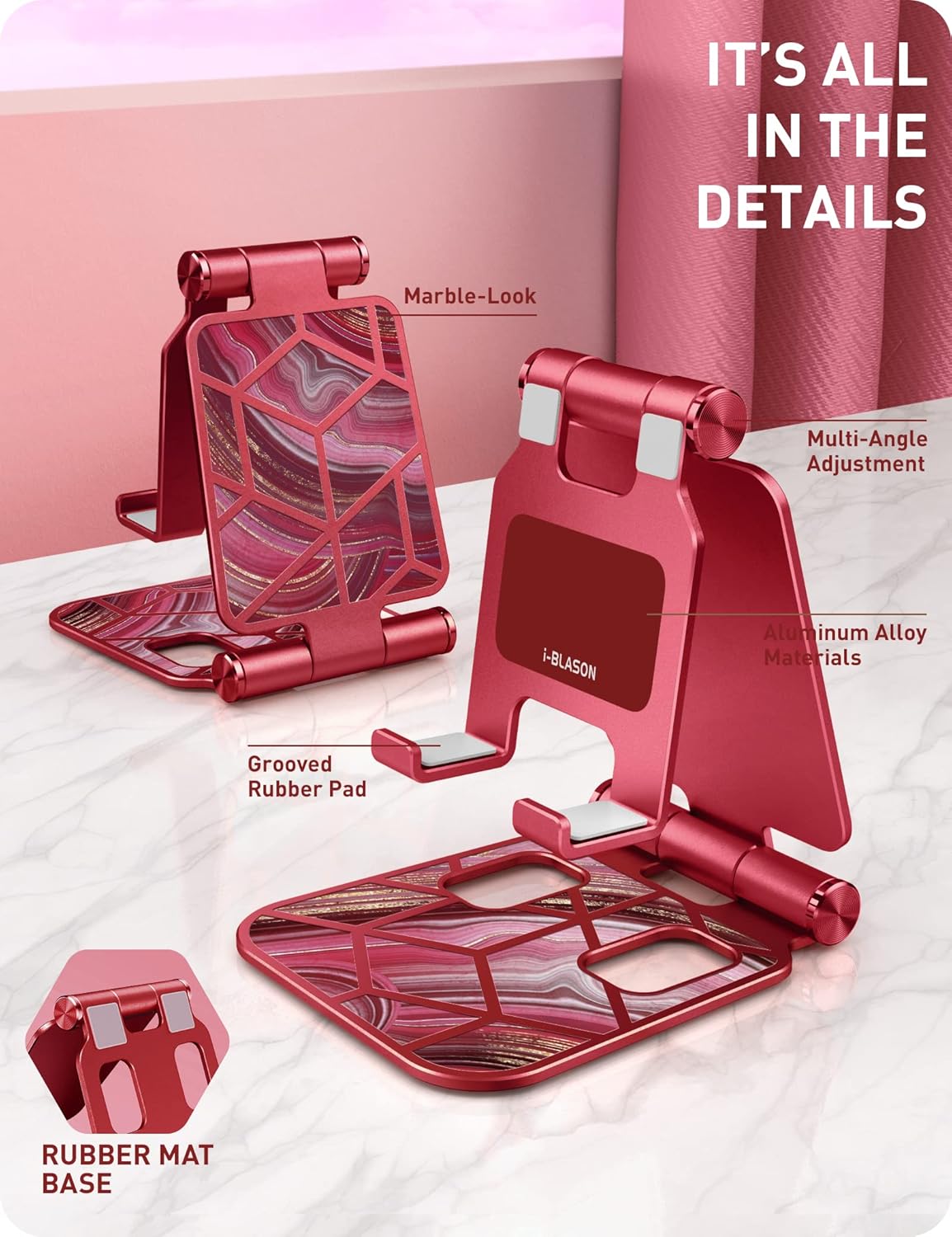 i-Blason Cell Phone Stand for Desk, Cell Phone Holder, Fits All Smart Phones, iPhone 16 15 14 13 Pro Max, Foldable Phone Stand Holder, Red