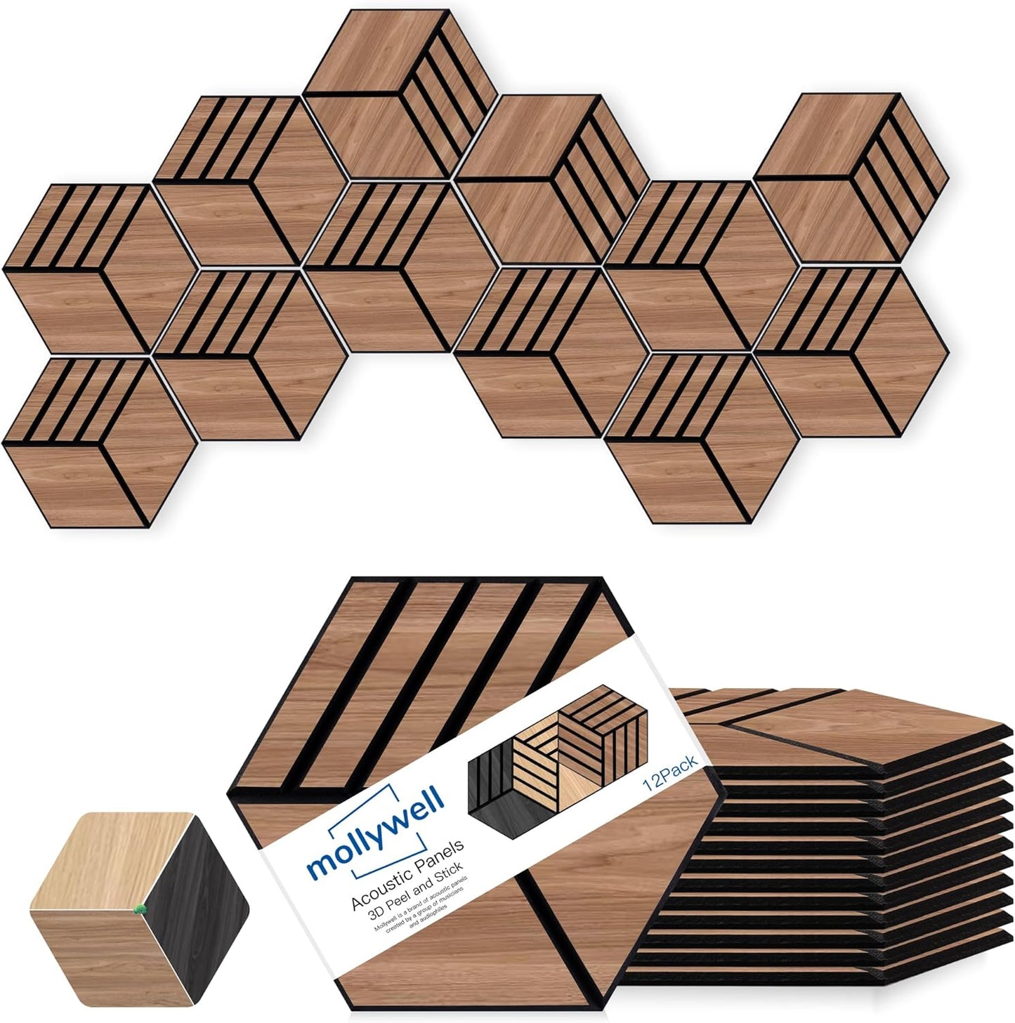 Mollywell Hexagon Acoustic Panels, Walnut S4, 14x12x0.4 Inch, 12 Pack |Wood Veneer|High Density Sound Proofing Wall Panels|Self Adhesive Sound Dampening Felt Wall Tiles|Home Theater|Gaming Room|