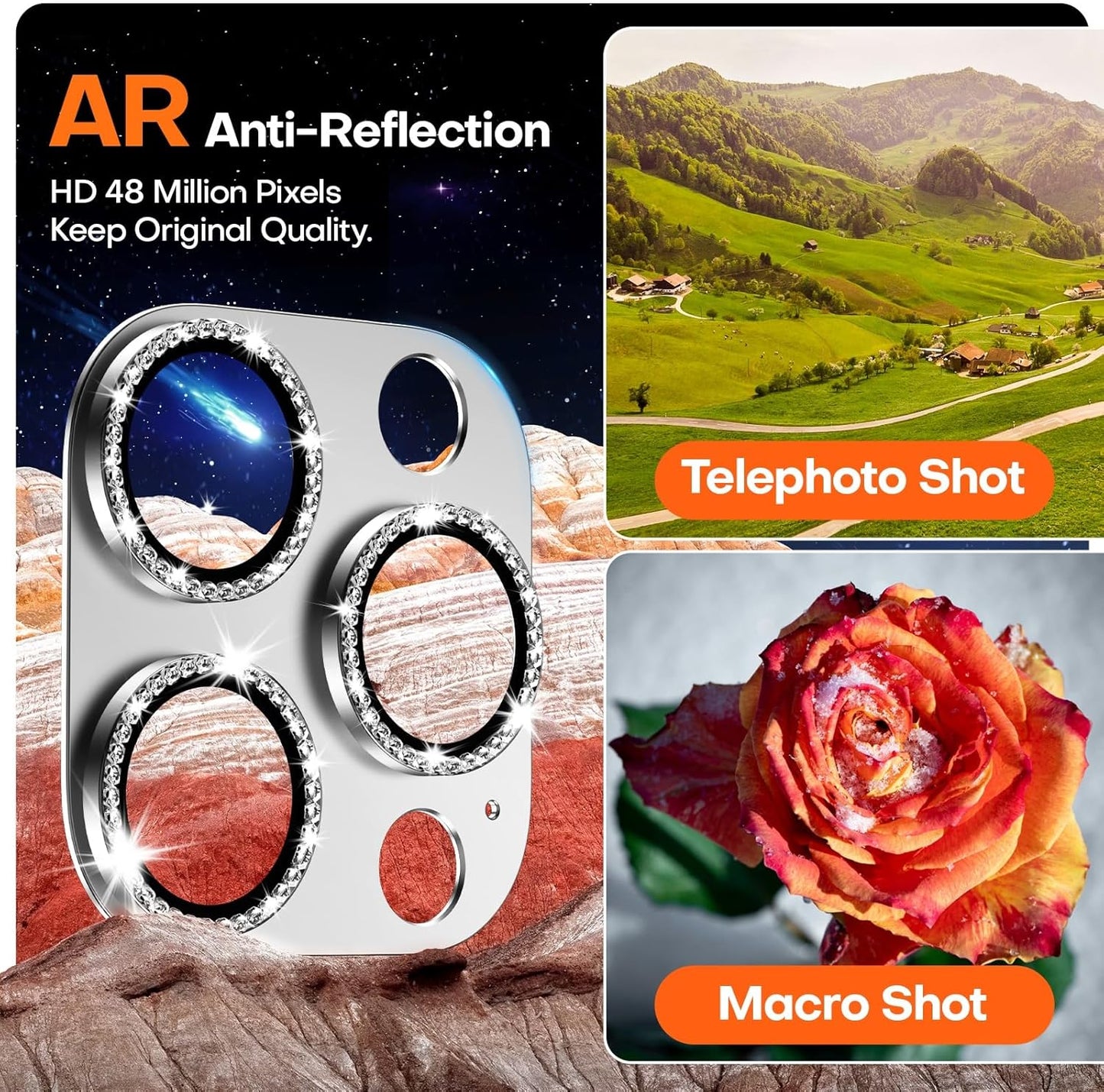 Camera Lens Protector for iPhone 16 Pro Max/16 Pro/15 Pro Max/15 Pro/14 Pro Max/14 Pro, Aluminum Alloy Sapphire Glass Camera Screen Cover, Case Friendly-Silver Diamond