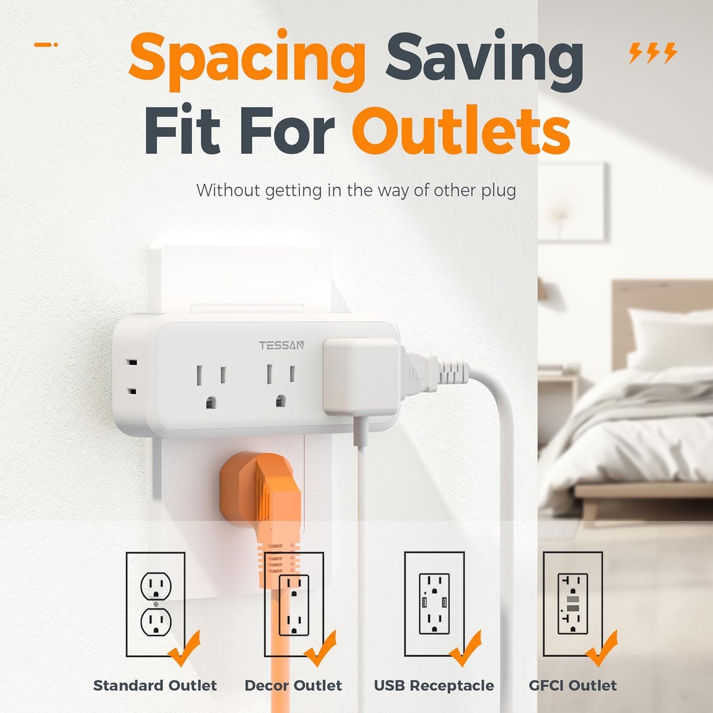 Multi Plug Outlet Splitter, TESSAN Surge Protector Wall Plug Splitter with 5 Outlet Extender, 3-Sided Charging Station for School Home Office Dorm Room Essentials