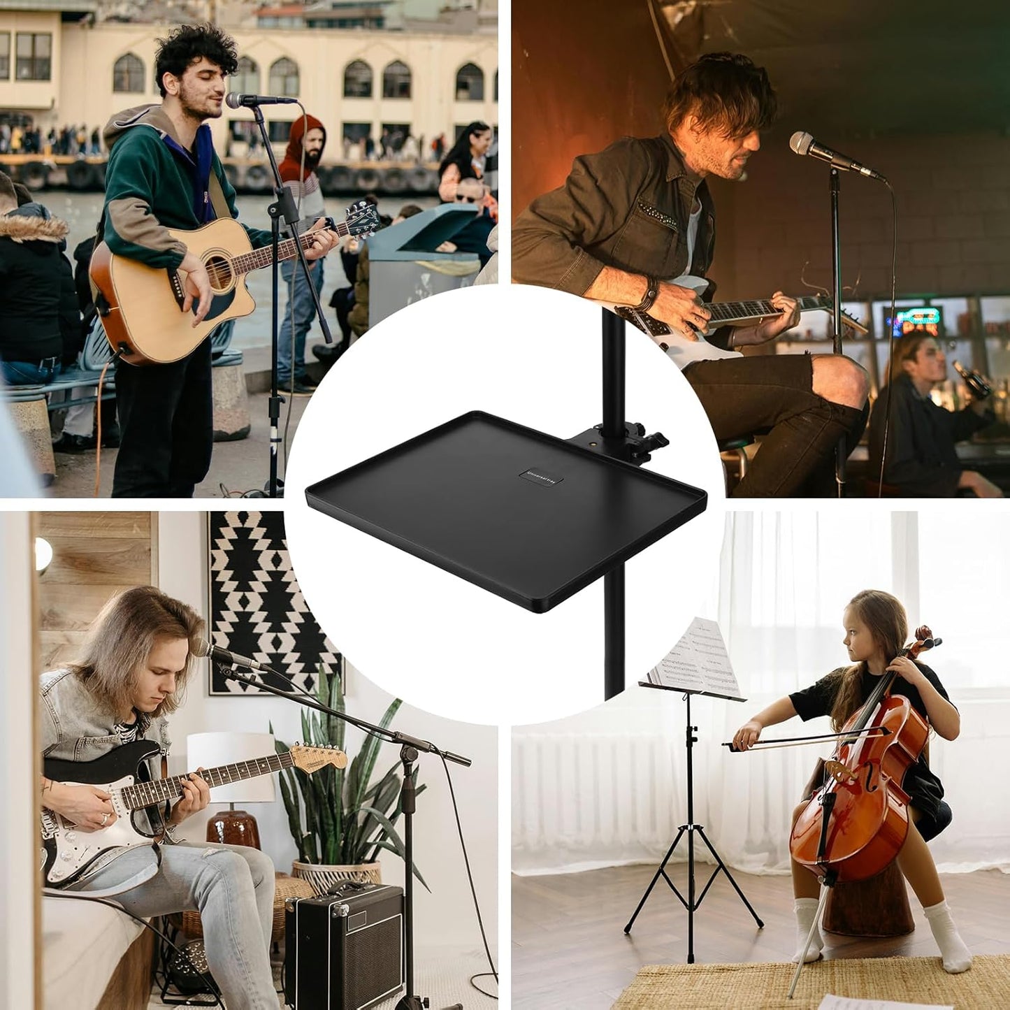 RTNLIT Microphone Music Stand Tray, Adjustable Clamp On Rack Tray Holder with 6.6 Pound Weight Capacity, Universal Mic Stand Tray for Music Sheet, Singing, Stage, Audio Recording (8.7" x 6.5")