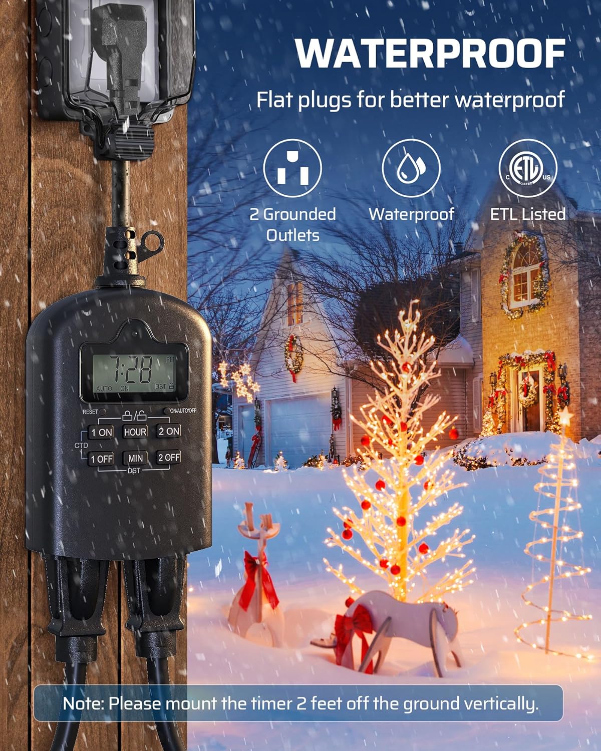 DEWENWILS Outdoor Timer Outlet Waterproof, Outdoor Digital Timer for Lights, Programmable with 2 Grounded Outlets, for Home and Garden, Halloween, 15A, 1/2HP, Heavy Duty, ETL Listed