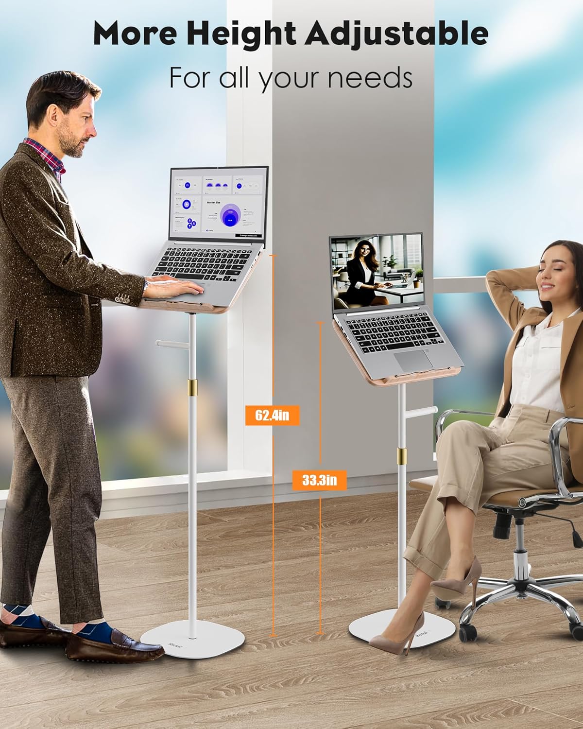 2 in 1 Dual-use Floor Book Stand & Desktop Book Stand,Height Adjustable from 33-63in, Adjustable Book Holder with Elastic Page Clips for Music Scores, Recipe, Tablet, Laptop(White)