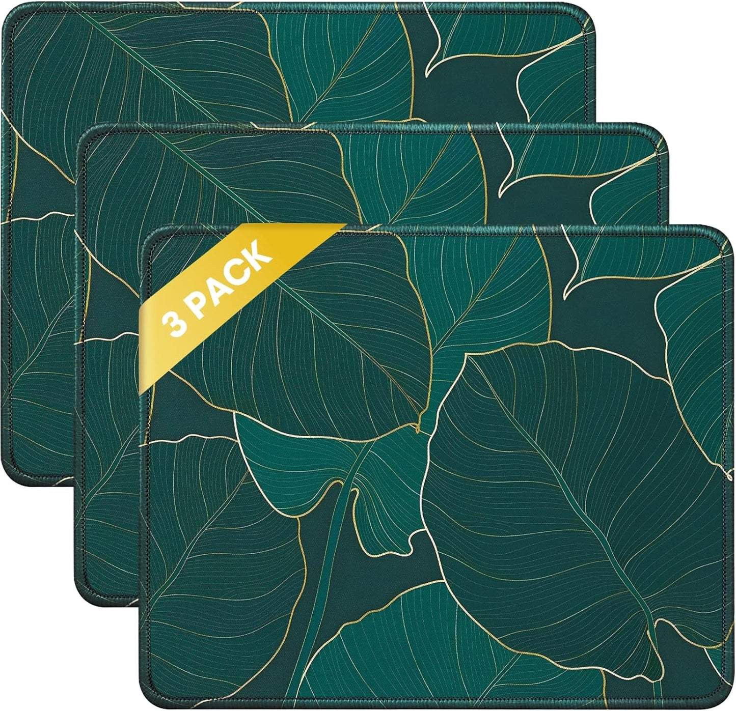 JIKIOU 3 Pack Mouse Pad with Stitched Edge, Comfortable Mouse Pads with Non-Slip Rubber Base, Washable Mousepads Bulk with Lycra Cloth, Mouse Pads for Computers Laptop Mouse 10.2x8.3x0.12in Leaf