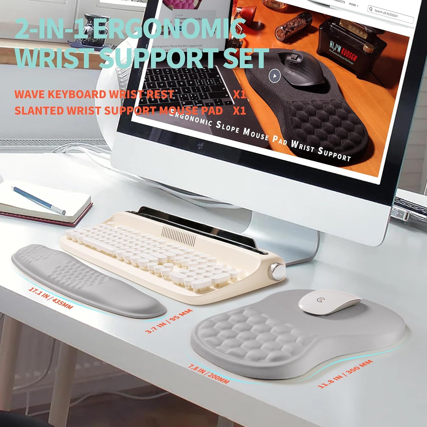 2-in-1 Ergonomic Set, Wave Rise Keyboard Wrist Rest and Massage Bulge Slope Mouse Pad Wrist Support, Cushion Memory Foam Integrated to Relieve Wrist Pain, Silver Gray