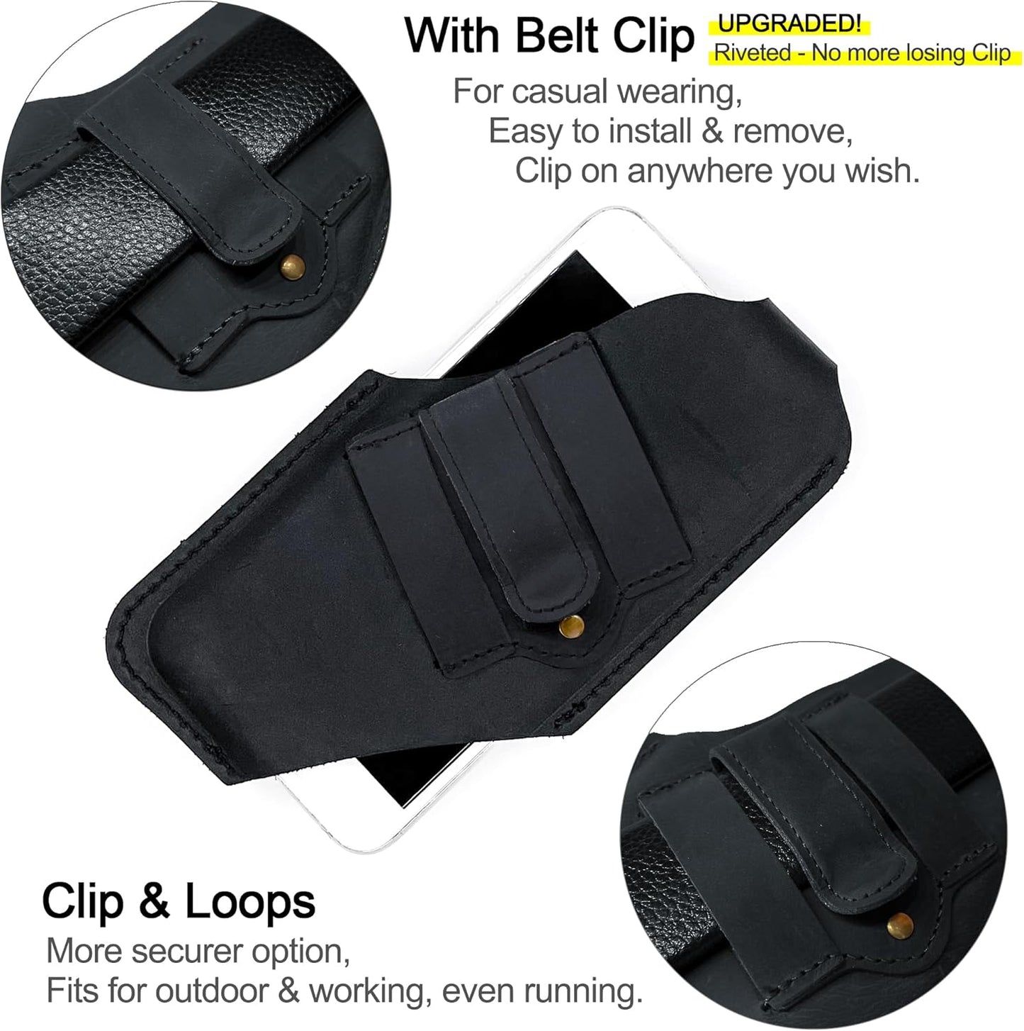 TobbinGear Left-Handed Leather Cell Phone Holster with Belt Clip, Universal Phone Holster for Men Belt Holder, Leather Case for iPhone, Samsung Galaxy Phones, Black, Medium