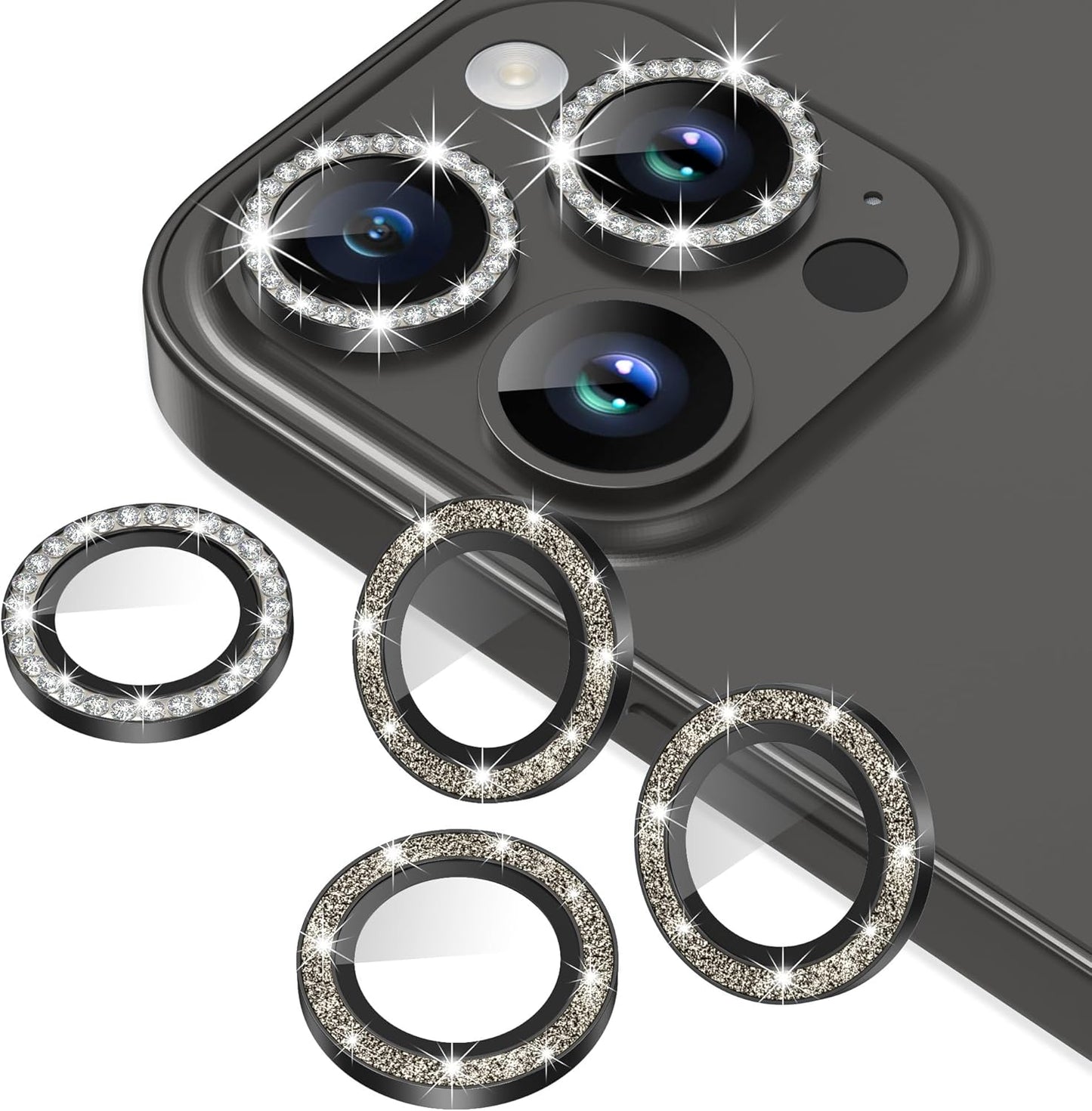AGVEE 3+3 6 Pack for iPhone 15 Pro 6.1" / 15 Pro Max 6.7" Camera Lens Protector, Bling Diamond & Bling Glitter Metal Ring 9H Tempered HD Glass Camera Protector Cover Film, Bling-Black