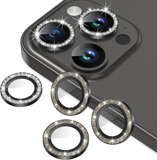 AGVEE 3+3 6 Pack for iPhone 15 Pro 6.1" / 15 Pro Max 6.7" Camera Lens Protector, Bling Diamond & Bling Glitter Metal Ring 9H Tempered HD Glass Camera Protector Cover Film, Bling-Black