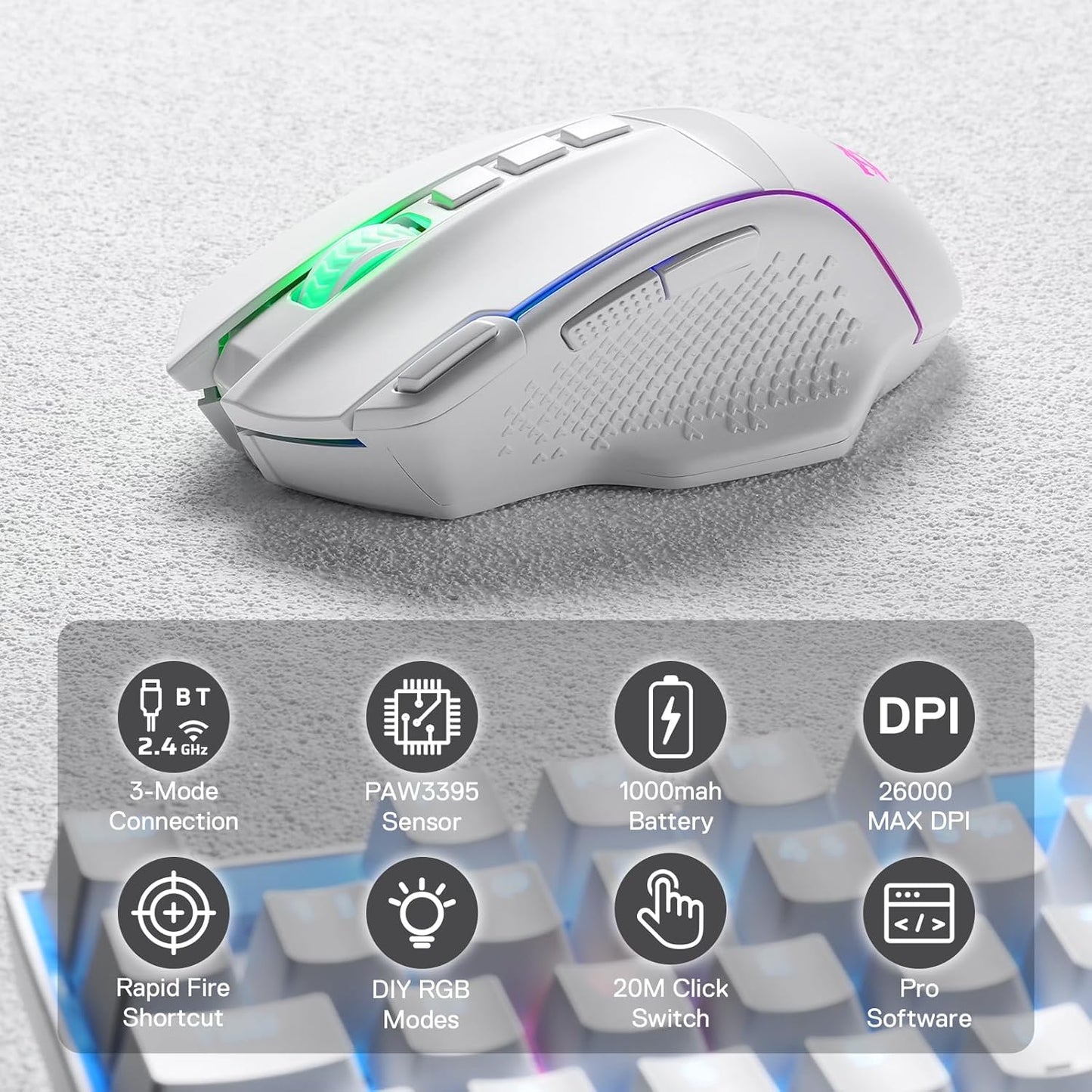 Redragon M991 Wireless Gaming Mouse, 26000 DPI 3-Mode Gamer Mice w/Rapid Fire Key, 9 Macro Buttons, Powerful Capacity and RGB Backlight for PC/Mac/Laptop, White