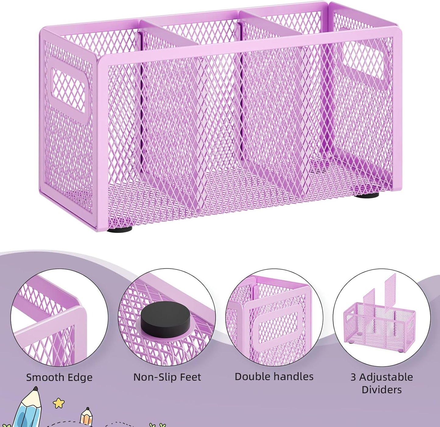 Marbrasse Mesh Pen Holder for Desk,Pencil Holder Desk Organizer 3 Adjustable Compartments,Pencil Cup with Handle Perfect for Classroom, Office, Home,Makeup,Art (Purple)