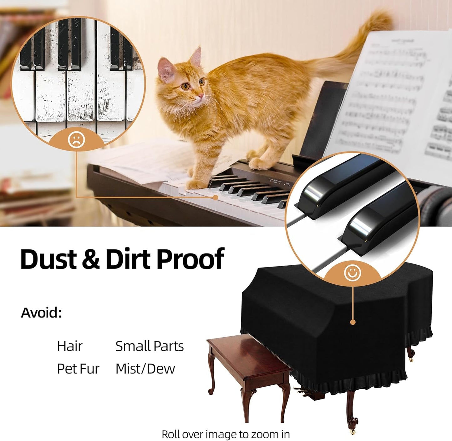Grand Piano Keyboard Dust Cover, Music Stretchy Dirt Proof Keyboard Cover With Durable Elastic & Cord Lock Must Have Piano Accessories
