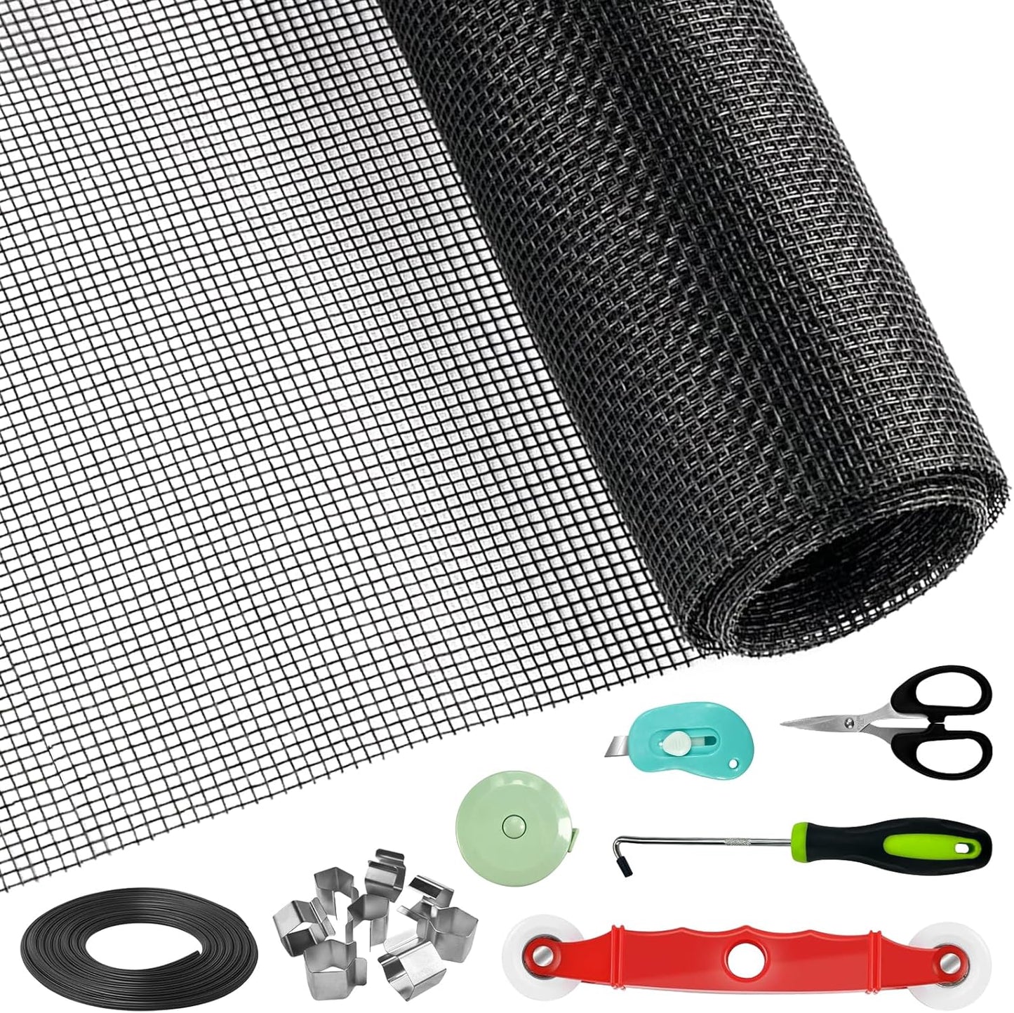 Window Screen Door Repair/Replacement Kit,48" x178" Adjustable Durable Fiberglass Window Screen Mesh,with Spline/Roller/Hook/Clips Screen Door Repair Kit,DIY Window,Porch Sliding Door(Black)