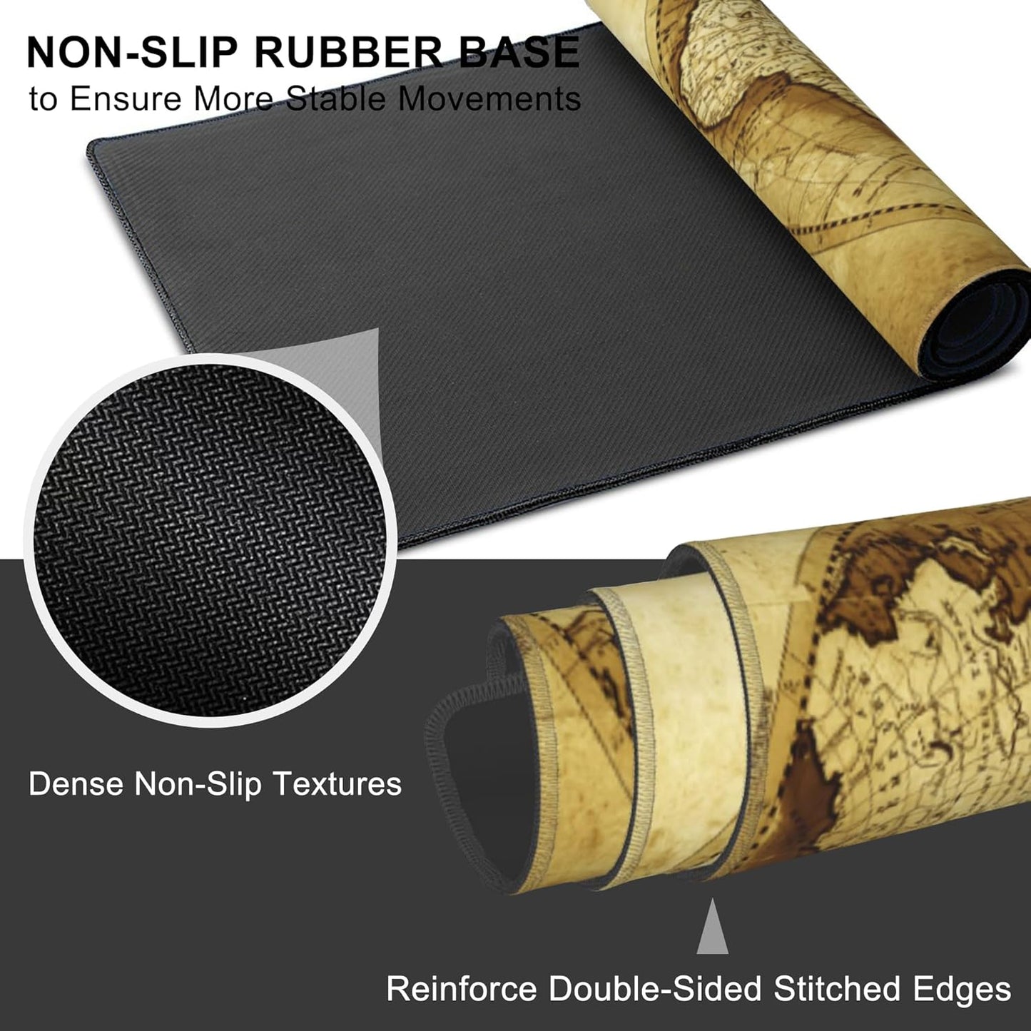 Mouse Pad, Large Antique World Map Desk Mat, Extended Non-Slip Gaming Keyboard Mousepad Desk Pad, Thick Stitched Edges Waterproof Mouse Mat 31.5"x15.7" (Retro World Map)