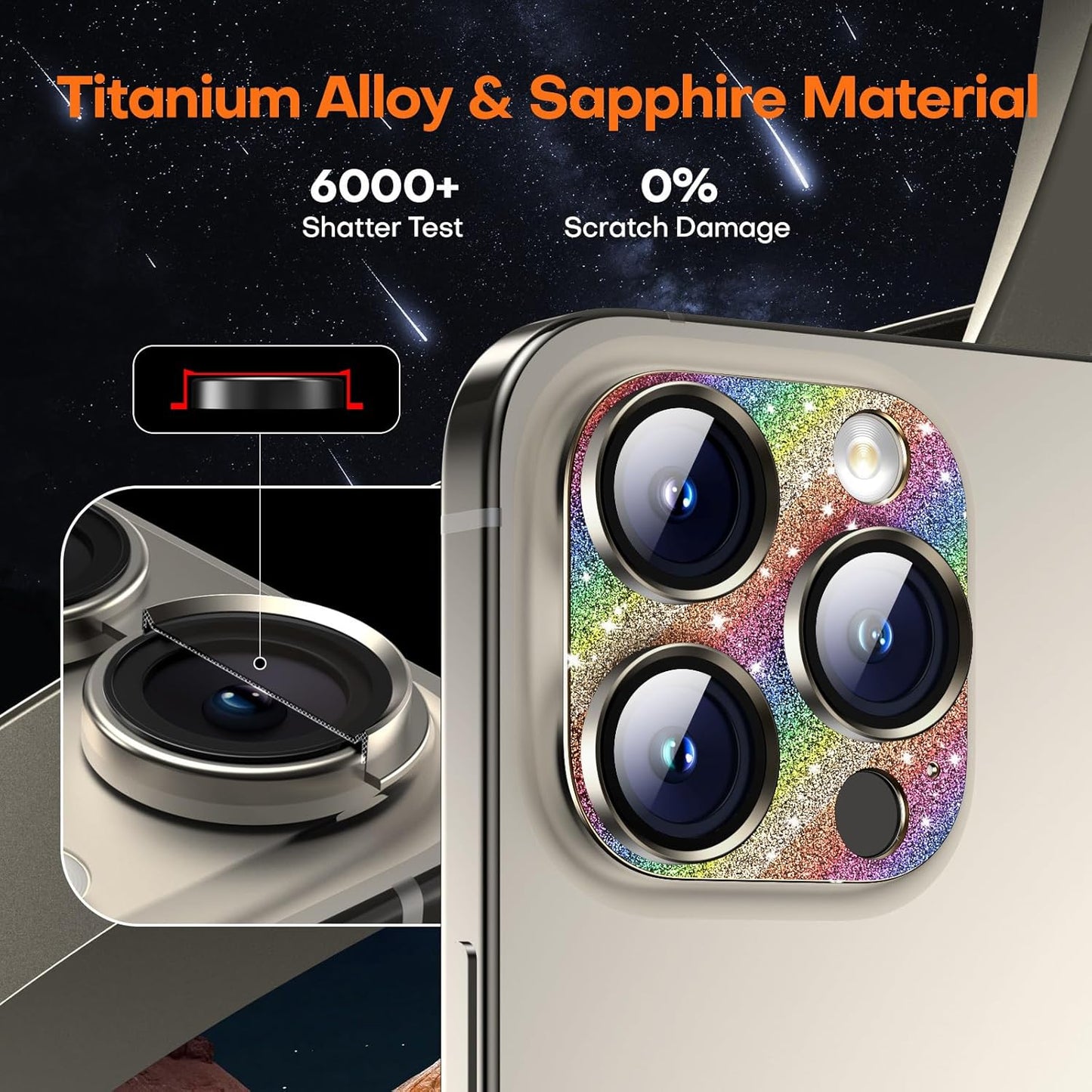 Camera Lens Protector for iPhone 16 Pro Max/16 Pro/iPhone 15 Pro Max/15 Pro/iPhone 14 Pro Max/14 Pro, Aluminum Alloy Sapphire Glass Camera Screen Cover, Case Friendly- Glitter Colorful