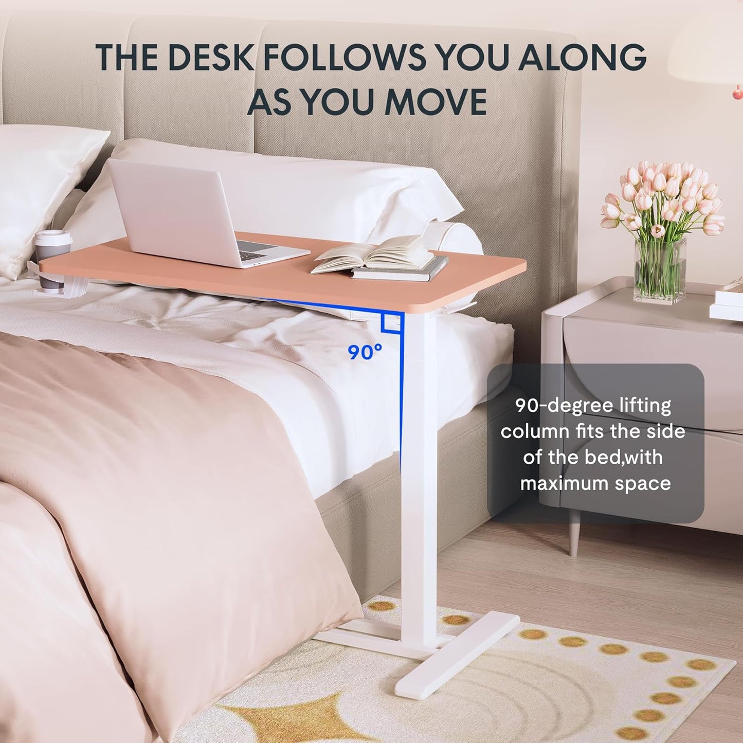 FLEXISPOT H7 Adjustable Overbed Bedside Table with Wheels Pneumatic Mobile Standing Desk Laptop Desk Rolling Computer Cart Movable Overbed Table Hospital Home Use(31.5" W x 17.7" D, Pink)