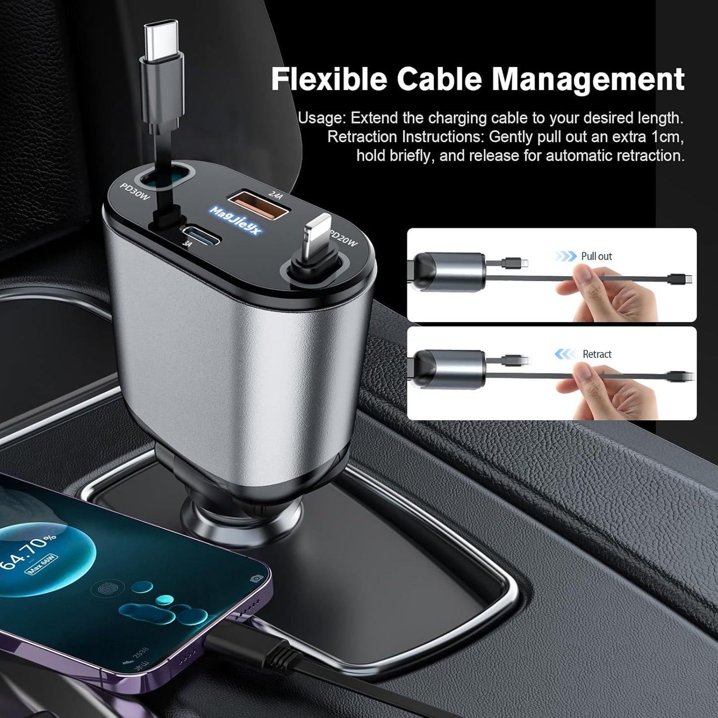 4 in 1 Retractable Car Charger, USB C Fast Charging Adapter[Max80W] with USB-i Cable&Dual Charge Port Compatible with iPhone 16/15/14/13/12/11 Pro Max Plus/iPad/AirPods,Galaxy,Google