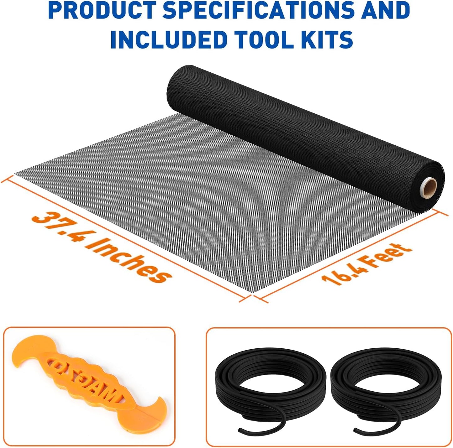 MAGZO Pet Proof Window Screen Replacement Mesh Roll, 37.4in × 16.4ft Upgraded Thicker 360g/m² Heavy Duty Polyester Screen Mesh for Dog Cat Protector, Ideal for Patio Porch Sliding Repair Kit 14x11Mesh