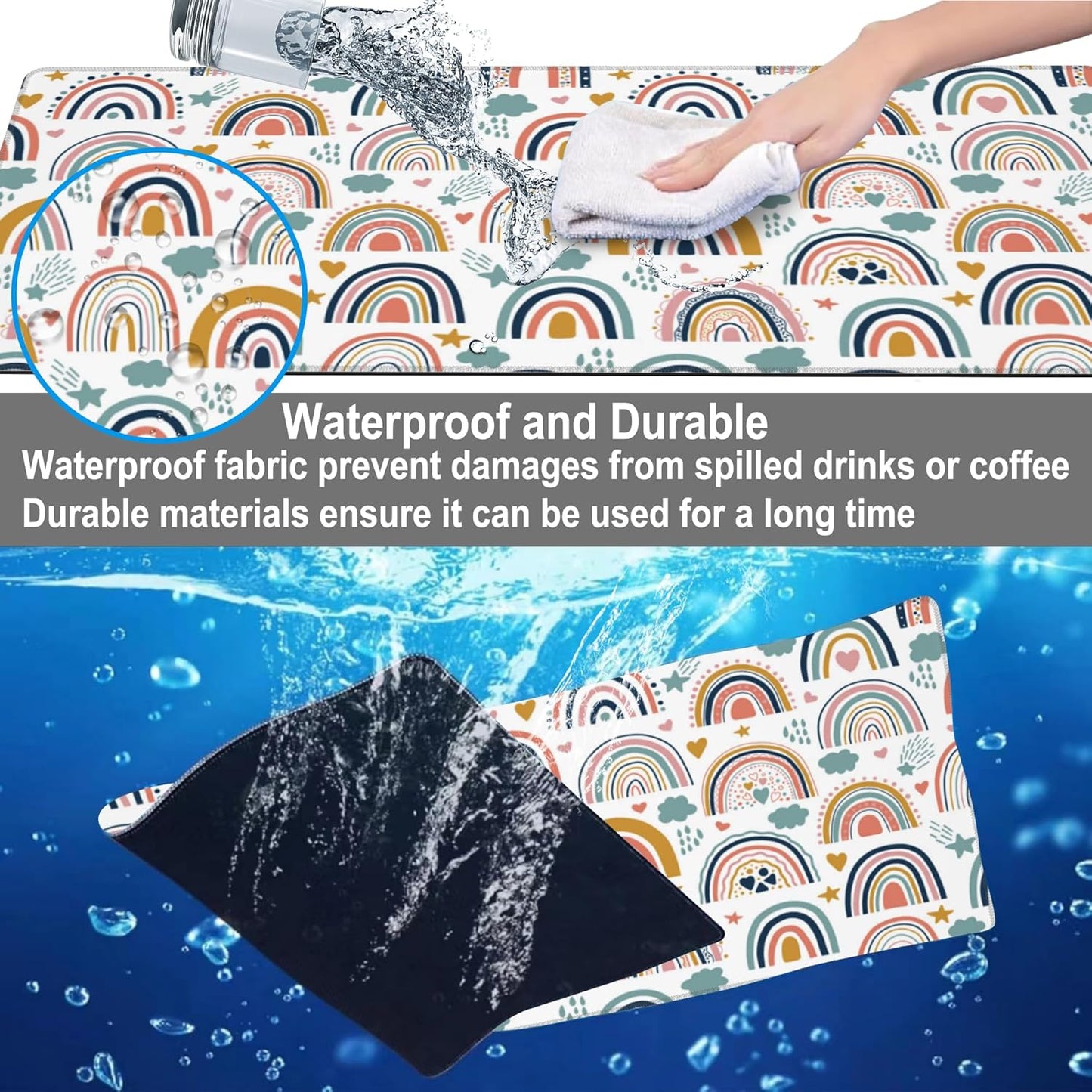 Mouse Pad, Large Boho Rainbow Desk Mat, Extended Non-Slip Gaming Keyboard Mousepad Desk Pad, Thick Stitched Edges Waterproof Mouse Mat 31.5"x15.7" (Scandi Rainbow and Stars Clouds)