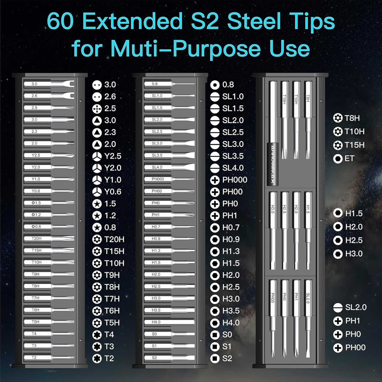 AM ARROWMAX 7.4V Mini Electric Screwdriver & Removable Angle Screw, Precision Electric Screwdriver Set, 60 in 1 Magnetic Bit, 5 Torque Setting, 5/32''Hex, Repair Tools For Phone Camera Watch (M1 PLUS)