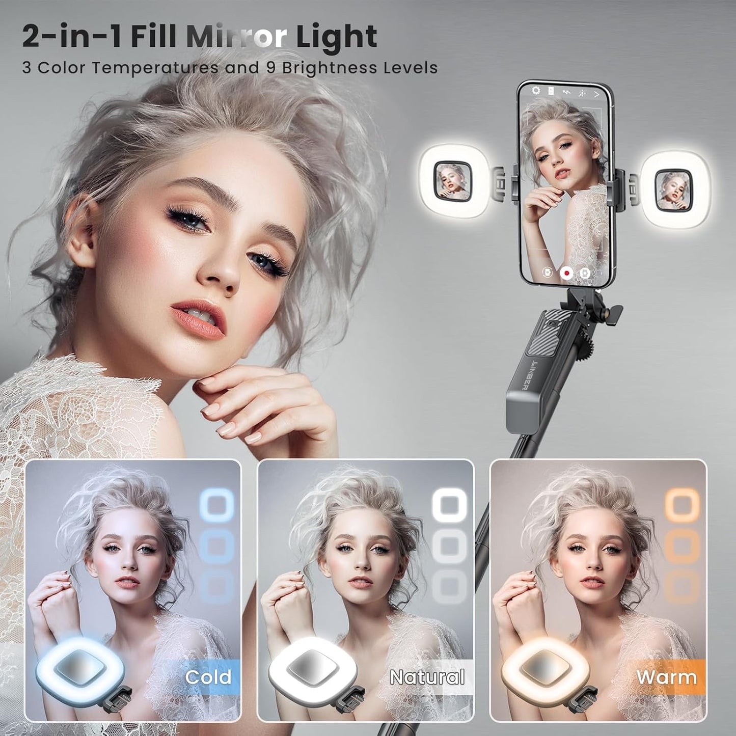 71" Selfie Stick Tripod with Wireless Remote & 2 Fill Lights, Tall Phone Tripod Stand with Quad-Leg Base, Aluminum Alloy White Stick for iPhone, Android, GoPro, Vlogging & Video