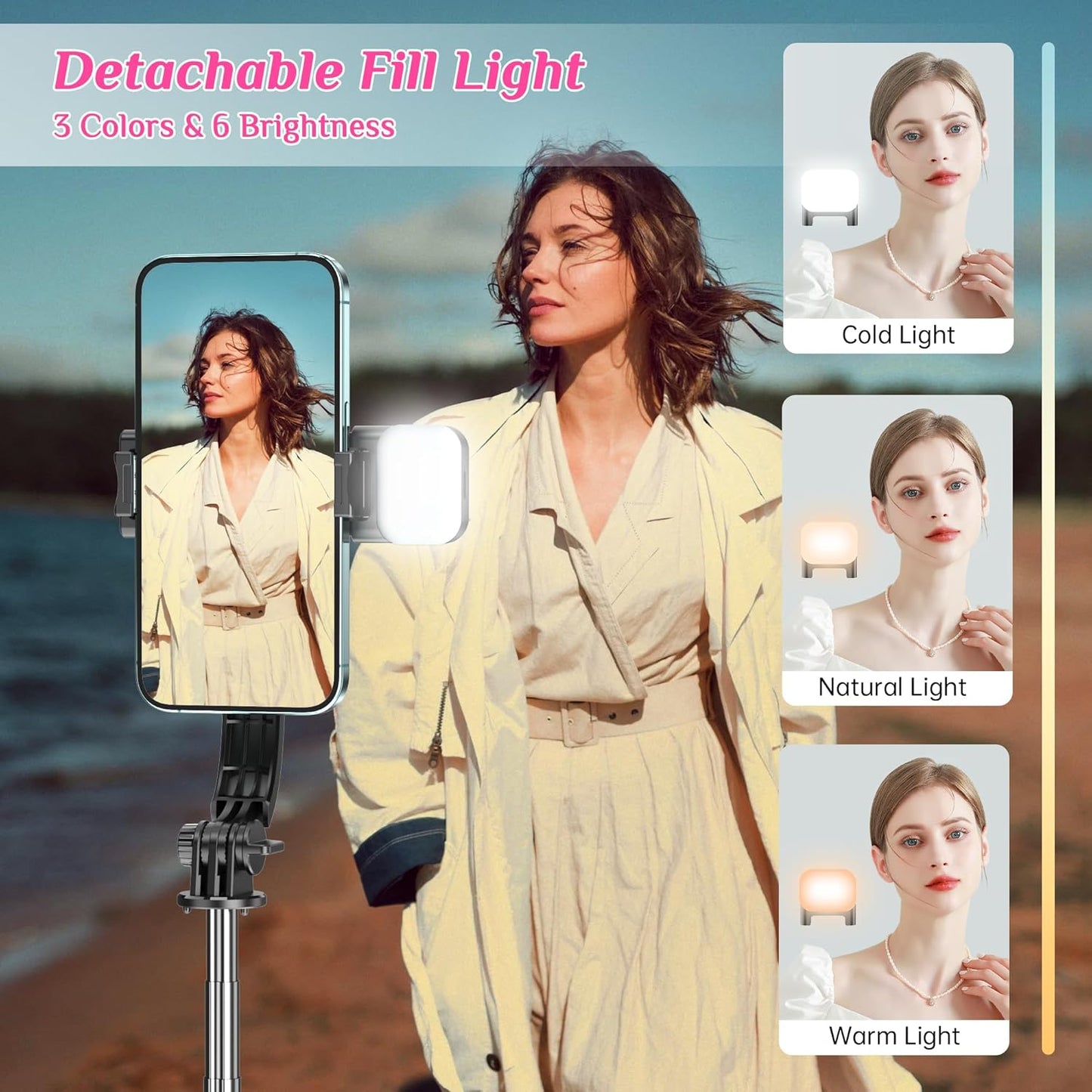 Selfie Stick Tripod with Fill Light, All in One Extendable Selfie Stick with Detachable Wireless Remote, Flexible Phone Tripod Stand Compatible with iPhone/Galaxy, Compact Size & Lightweight