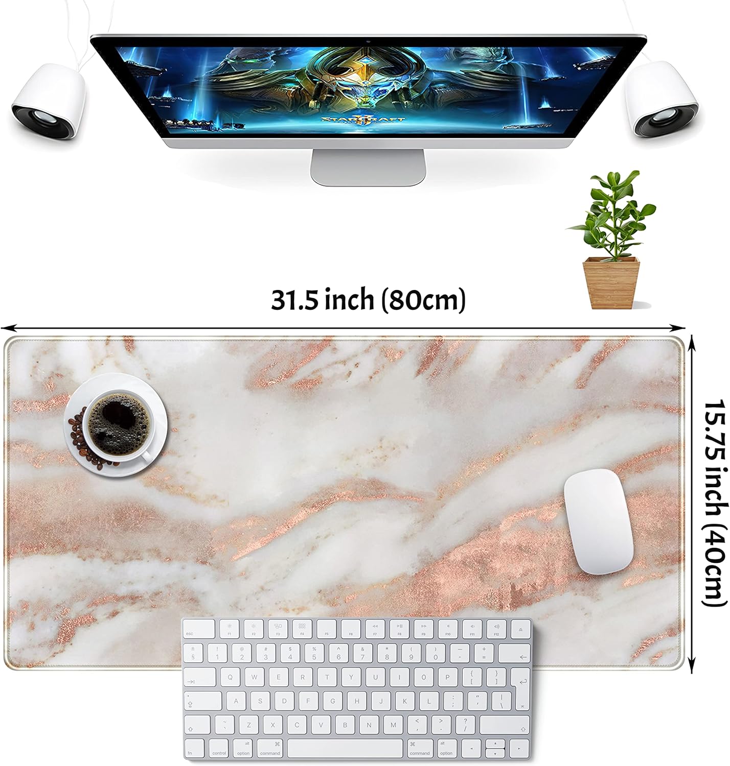Rose Gold Marble Desk Mat Cute Desk Decor Mouse Pad, Abstraction Metallic Luxury Large Gaming Mousepad (31.5x15.75 in), Women Girly Keyboard Mat Computer Desk Pad for Work/Office/Home
