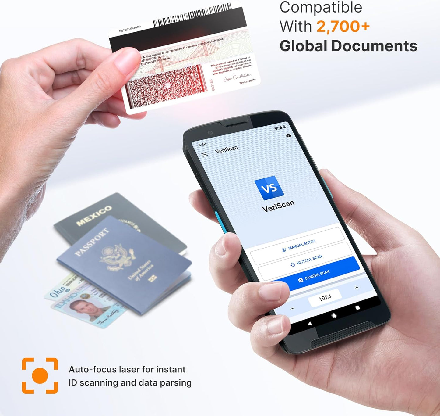 Unitech EA660 ID Passport Scanner – Touchless Handheld Scanning Solution with VeriScan Basic Software for Age Verification & Visitor Management. Free Charge Dock, Case, Screen Protector & Hand Strap.